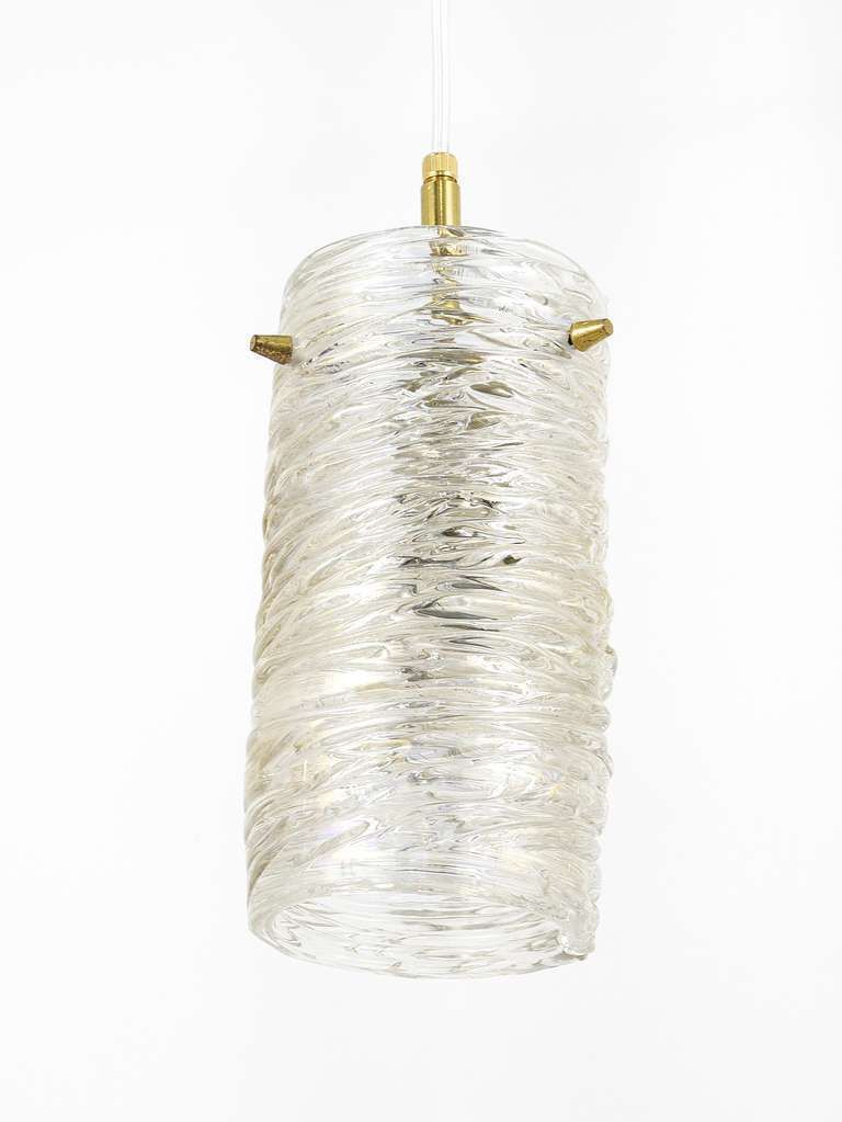 J.T. Kalmar Mid Century Textured Glass Tube Brass Pendant Lamp, Austria, 1950s photo for sale
