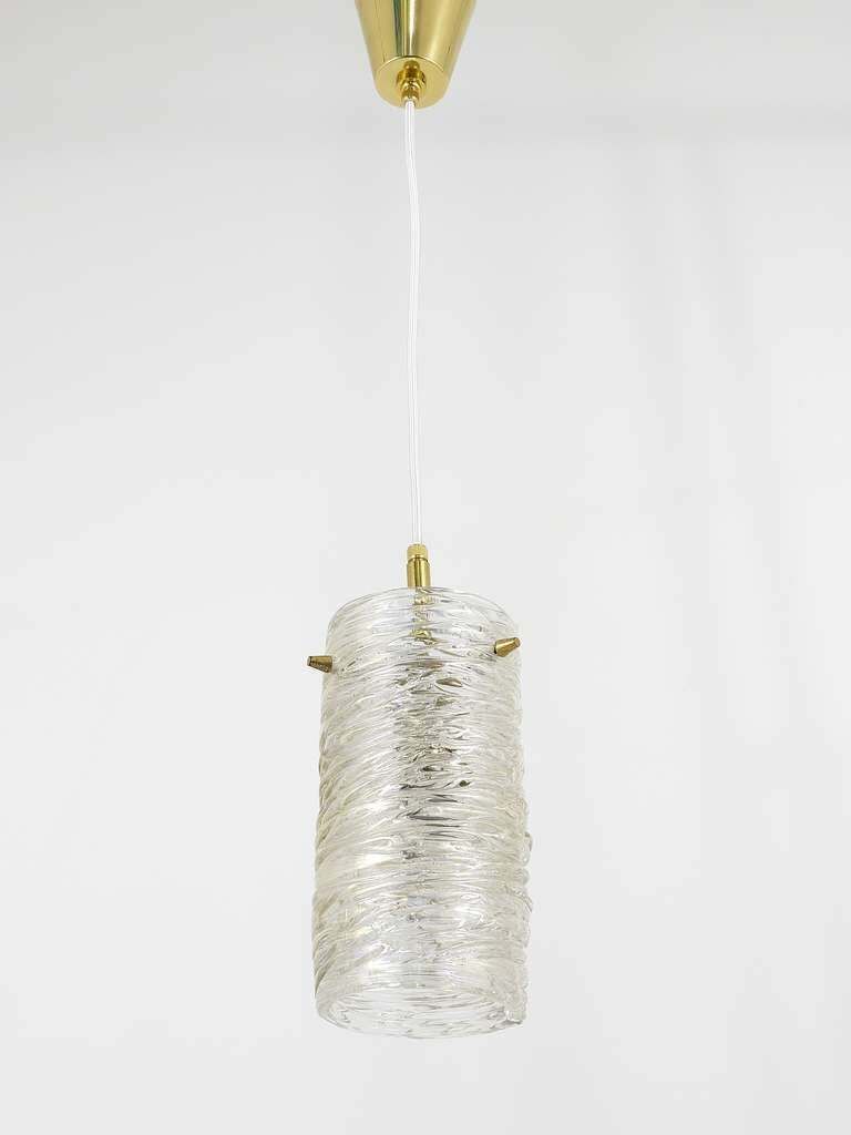 J.T. Kalmar Mid Century Textured Glass Tube Brass Pendant Lamp, Austria, 1950s photo Lighting