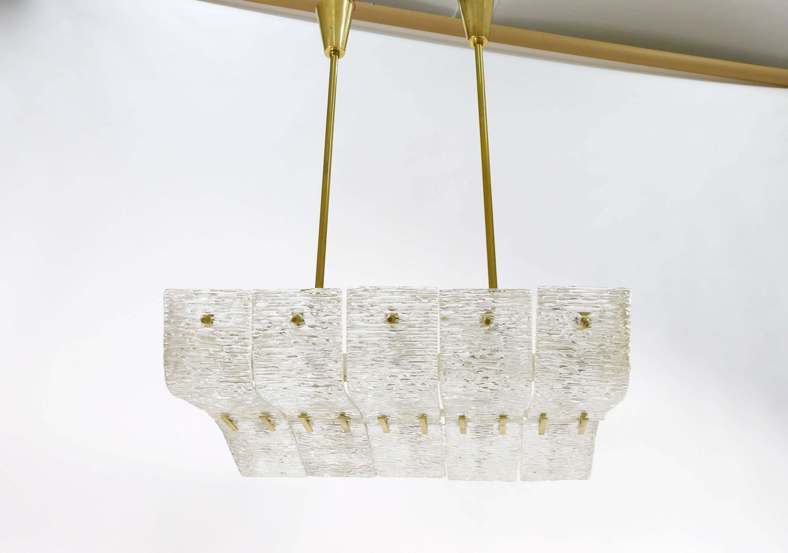 photo for sale J.T. Kalmar Huge Spare Brass And Textured Glass Chandelier, Austria, 1950s