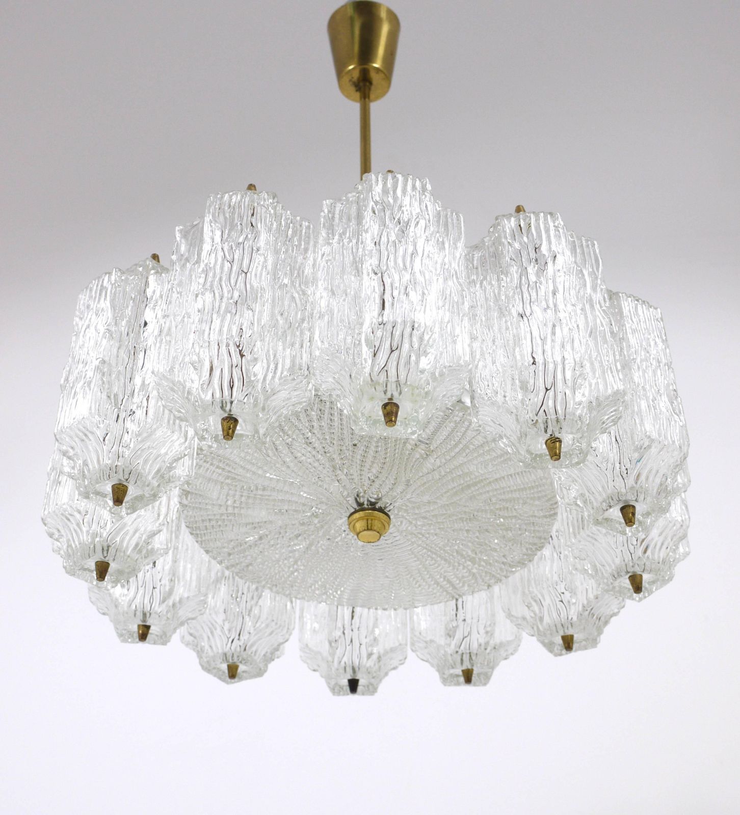J.T. Kalmar Brass Chandelier With Textured Ice Glass, Austria, 1950s photo buy