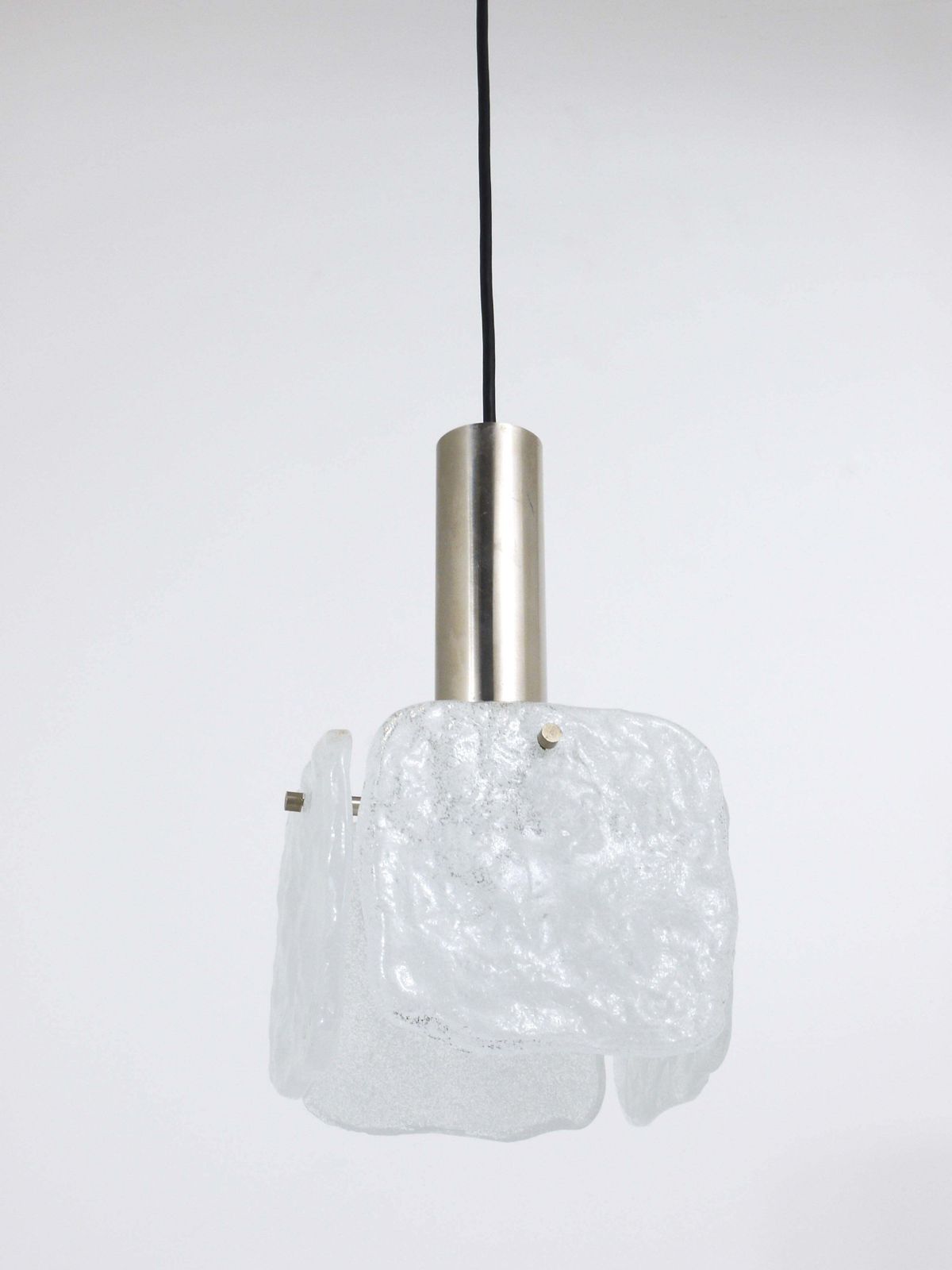 J.T. Kalmar 2x Frosted Ice Glass Panel Pendant Lamp, Austria, 1960s photo for sale