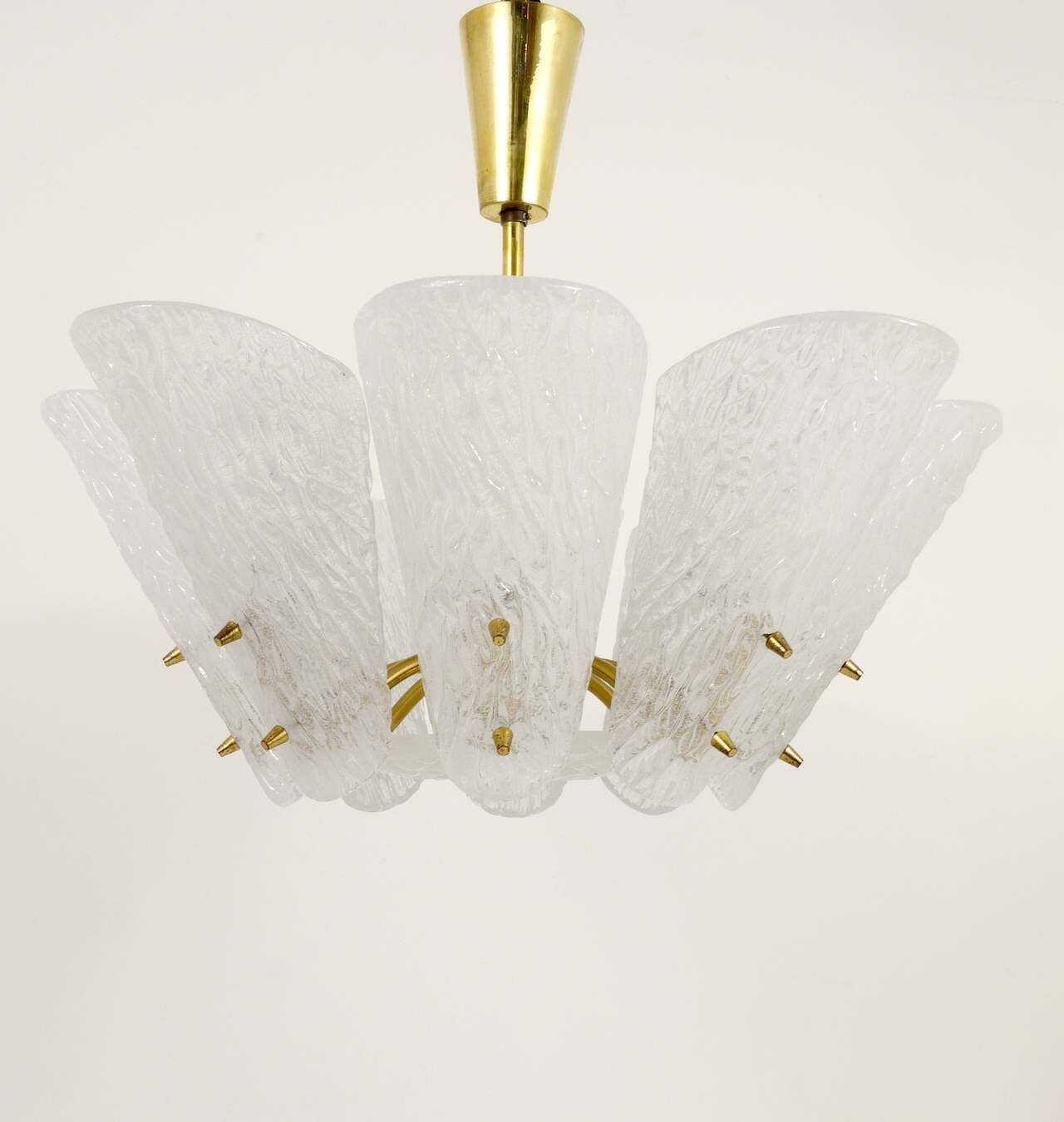 J. T. Kalmar Midcentury Brass Chandelier, White Textured Glass , 1950s photo furniture