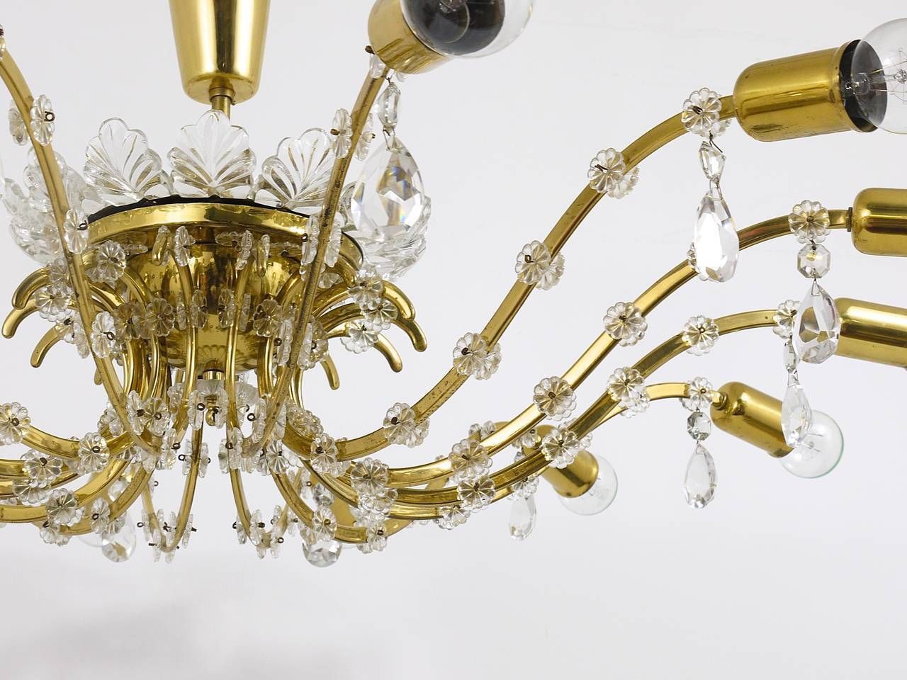 Huge Floral Lobmeyr Mid Century Brass Crystal Chandelier, 1950s, Austria photo for sale