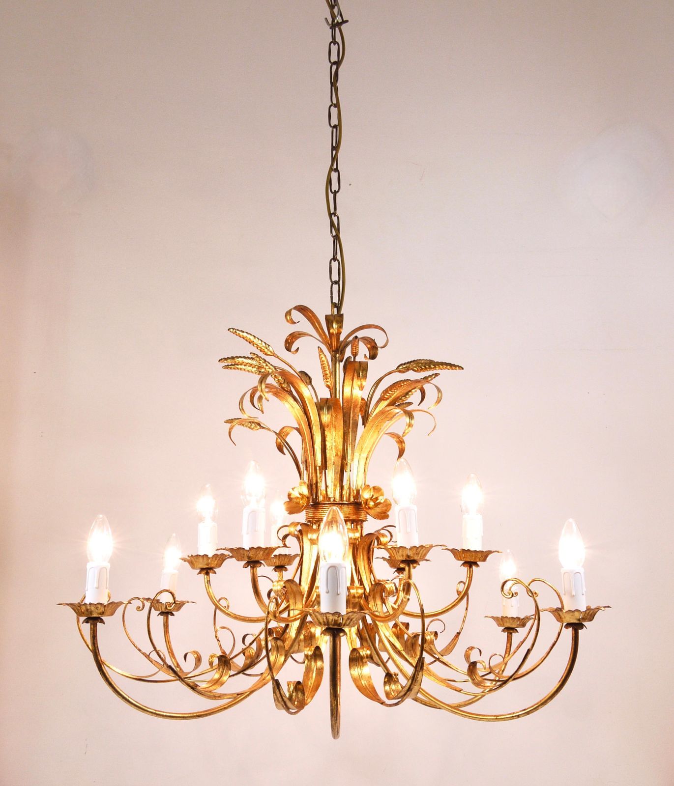 Hans Kögl Xl Hollywood Regency Wheat Floral Bouquet Gilt Iron Chandelier, 1970s photo furniture