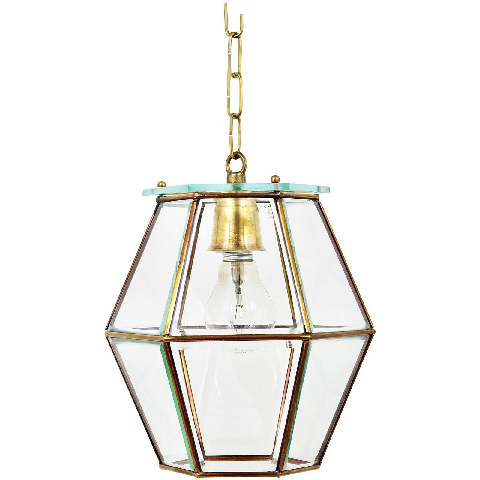 Fontana Arte Style Pendant Lamp Lantern, Brass & Facetted Glass, Italy, 1940s