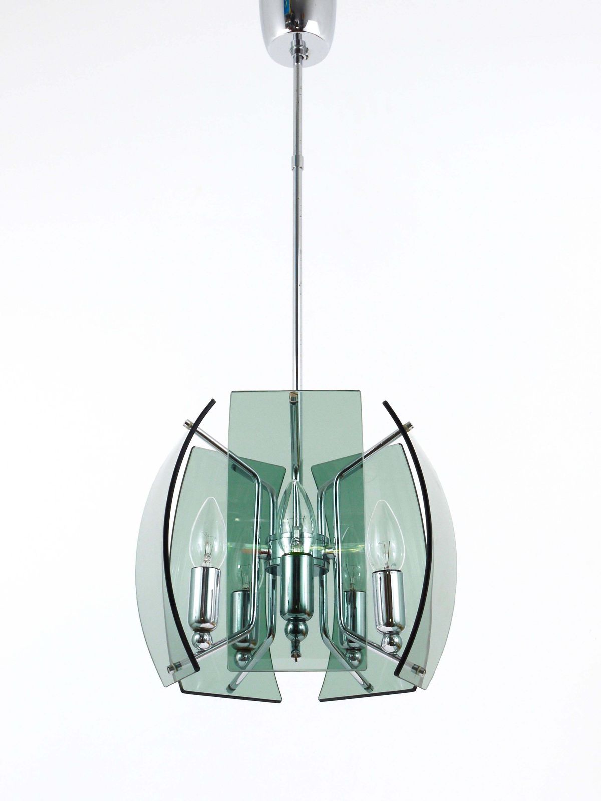 Fontana Arte Style Mid Century Glass & Chrome Chandelier, Italy, 1960s photo for sale