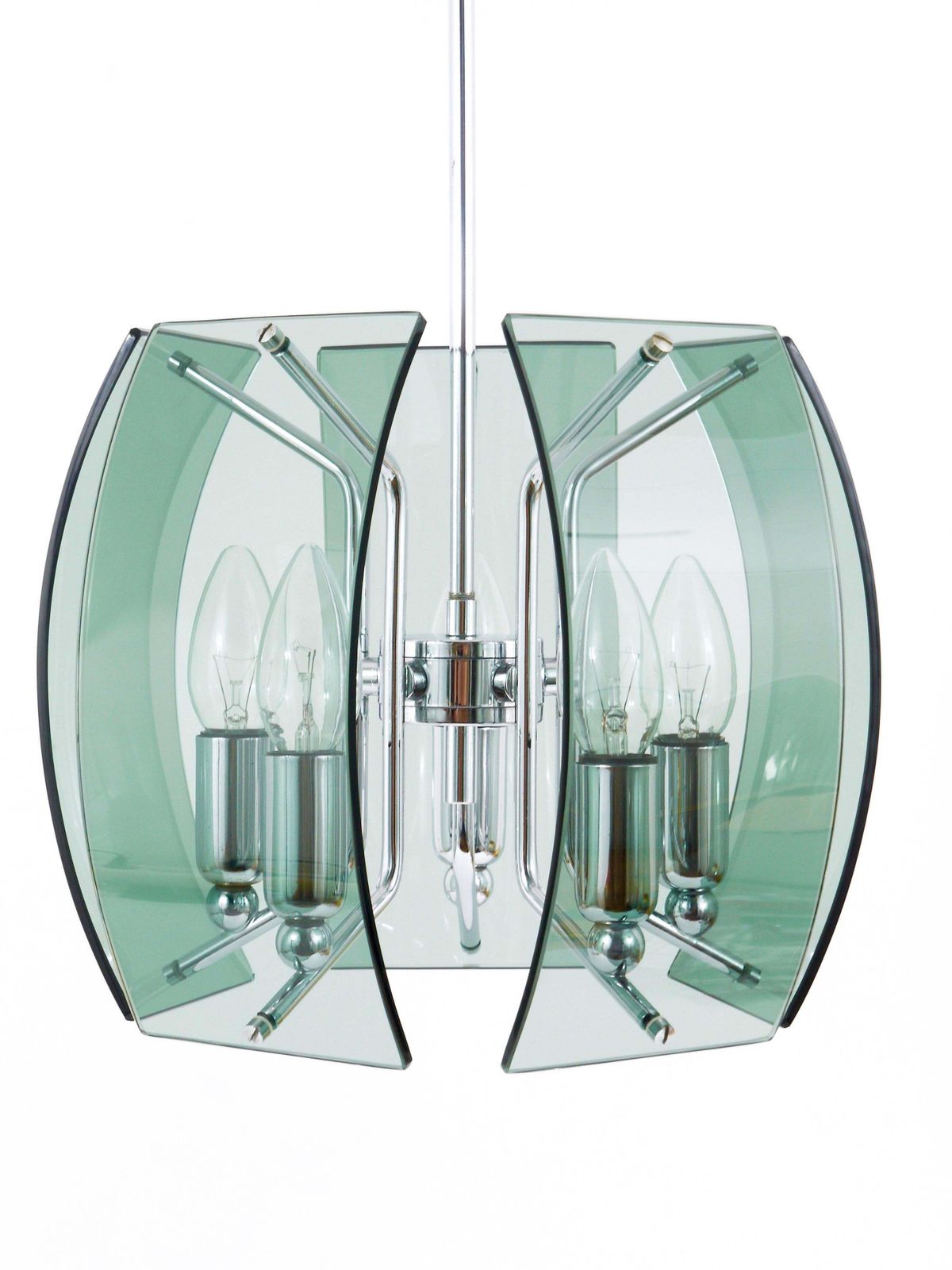 Fontana Arte Style Mid Century Glass & Chrome Chandelier, Italy, 1960s photo vintage