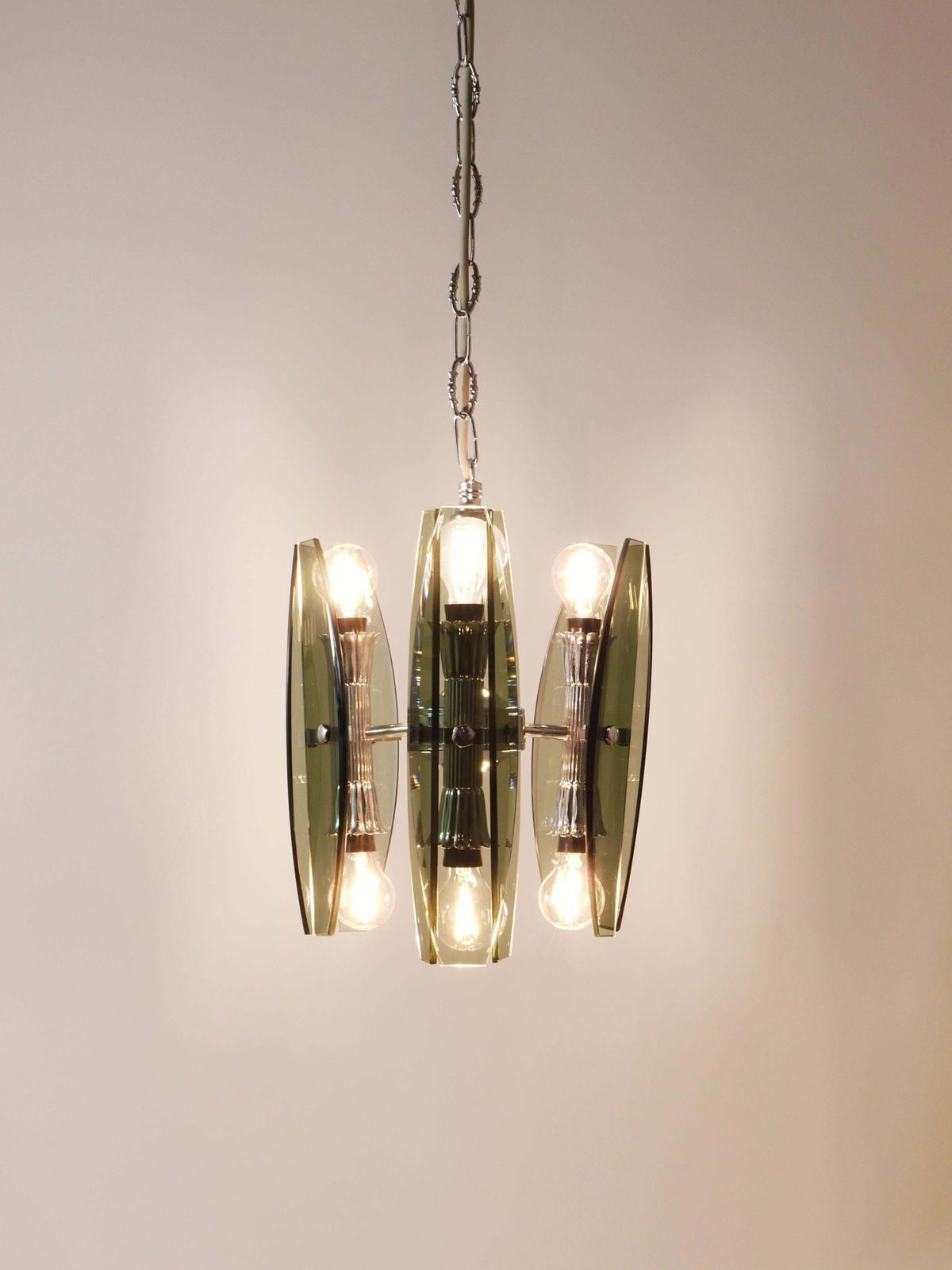photo for sale Fontana Arte Style Glass & Chrome Chandelier Pendant Light By Veca Murano, Italy