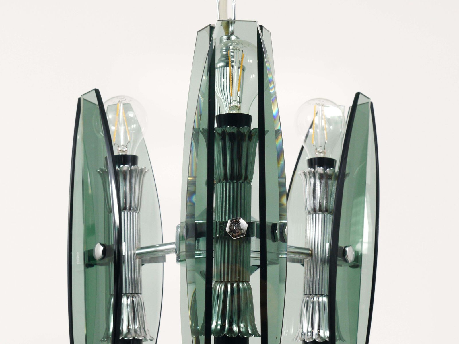 photo vintage Fontana Arte Style Glass & Chrome Chandelier Pendant Light By Veca Murano, Italy