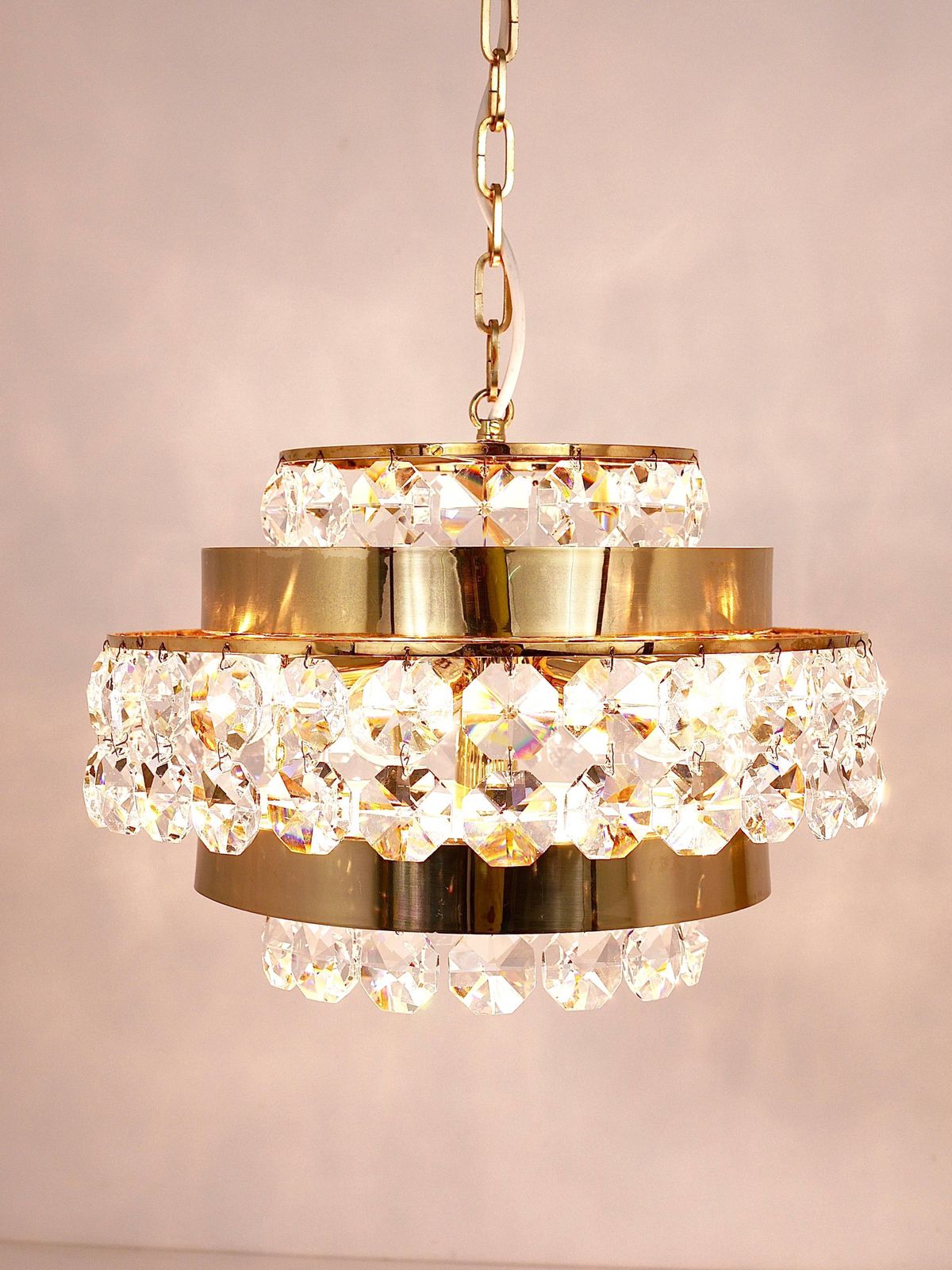Bakalowits Vienna Gold Plated Brass & Diamond Crystals Chandelier, Austria, 1970 photo for sale