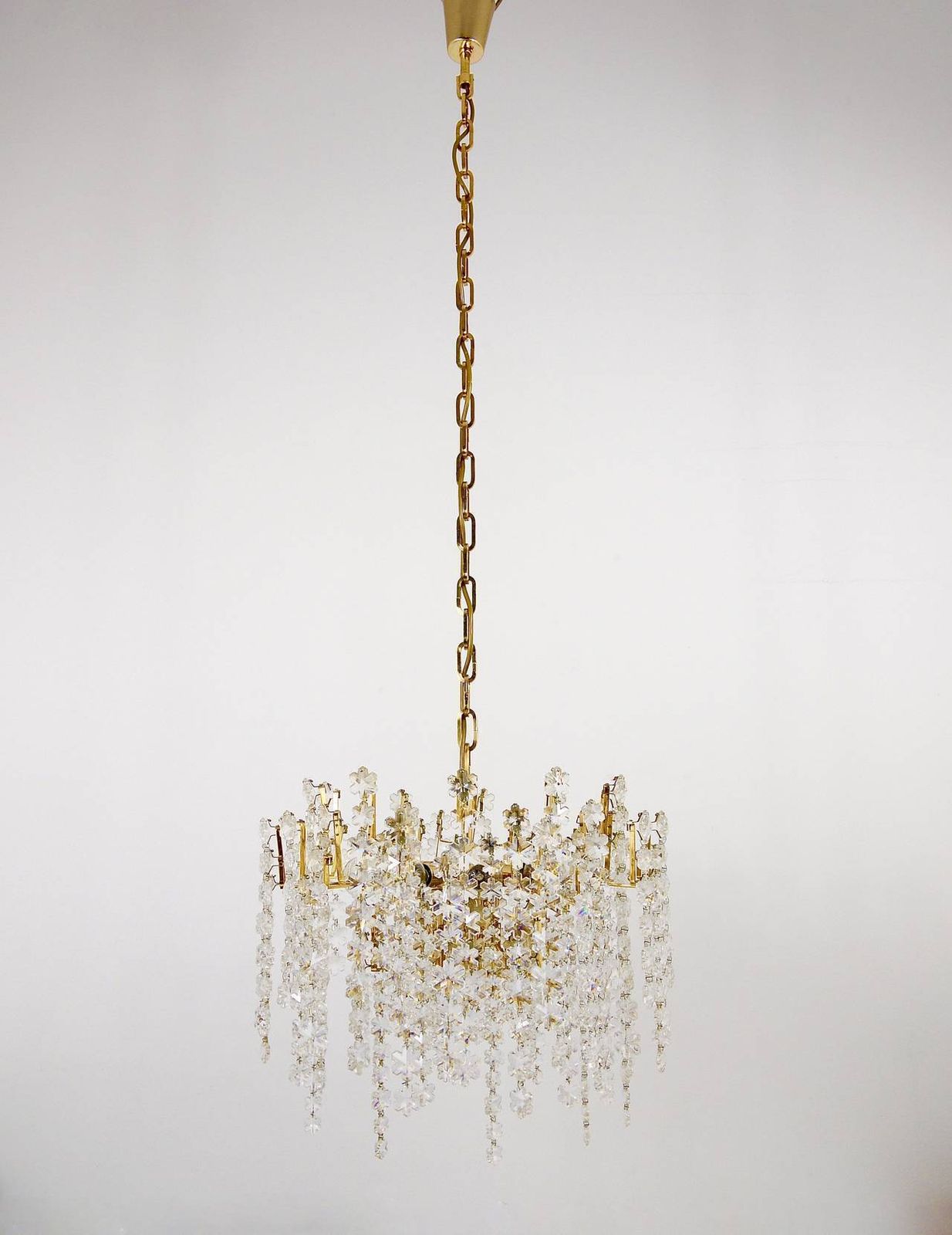 Bakalowits Vienna Gold Plated Snowflake Crystal Glass Brass Chandelier, 1970s photo for sale