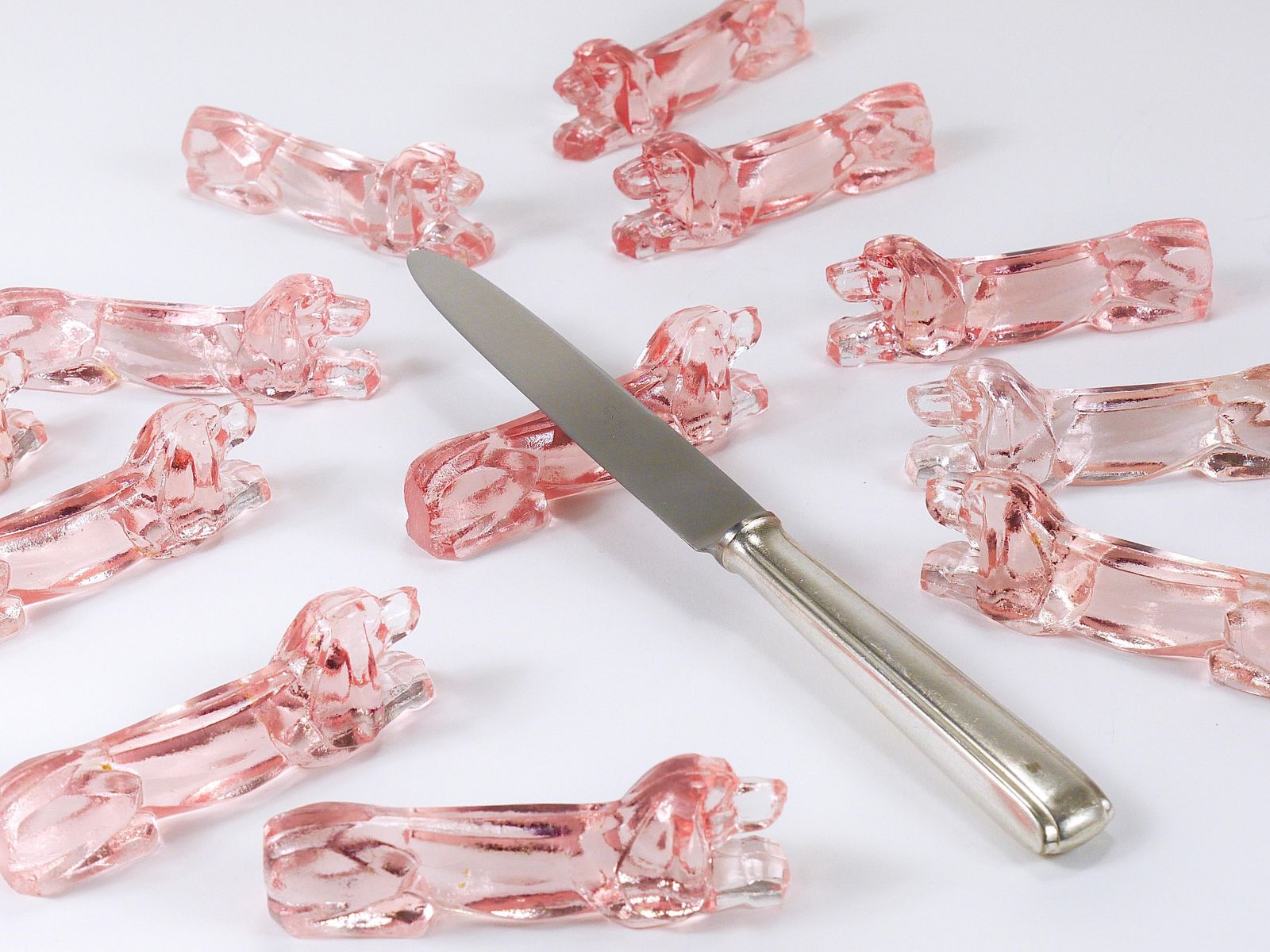 12 French Art Deco Dachshund Basset Hound Knife Rests, Rosé Glass, France, 1930s photo furniture
