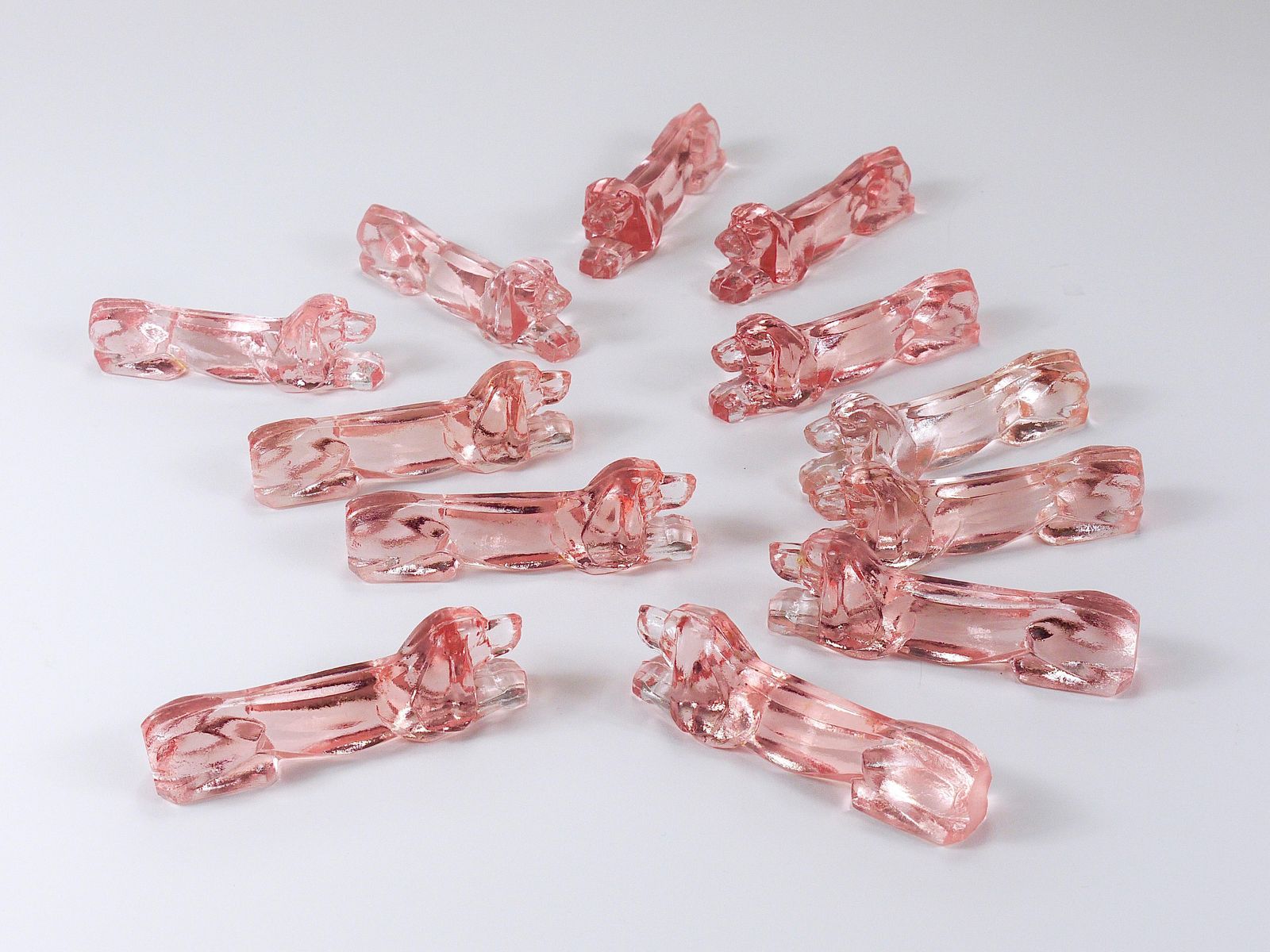 12 French Art Deco Dachshund Basset Hound Knife Rests, Rosé Glass, France, 1930s photo 967.0