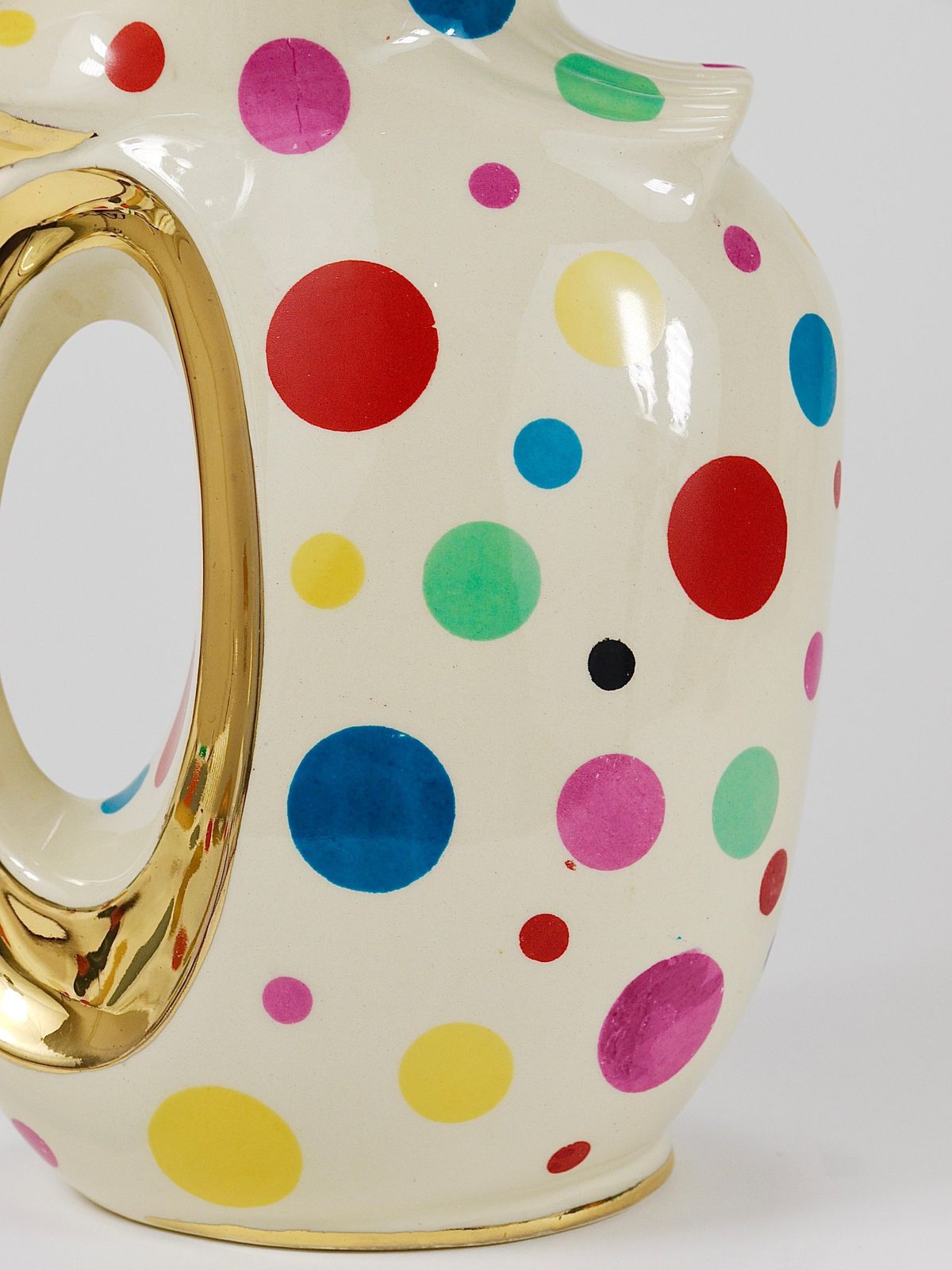 photo vinterior Boch Frères Gold & Polka Dot Decor Mid Century Pitcher / Jug, Belgium, 1950s