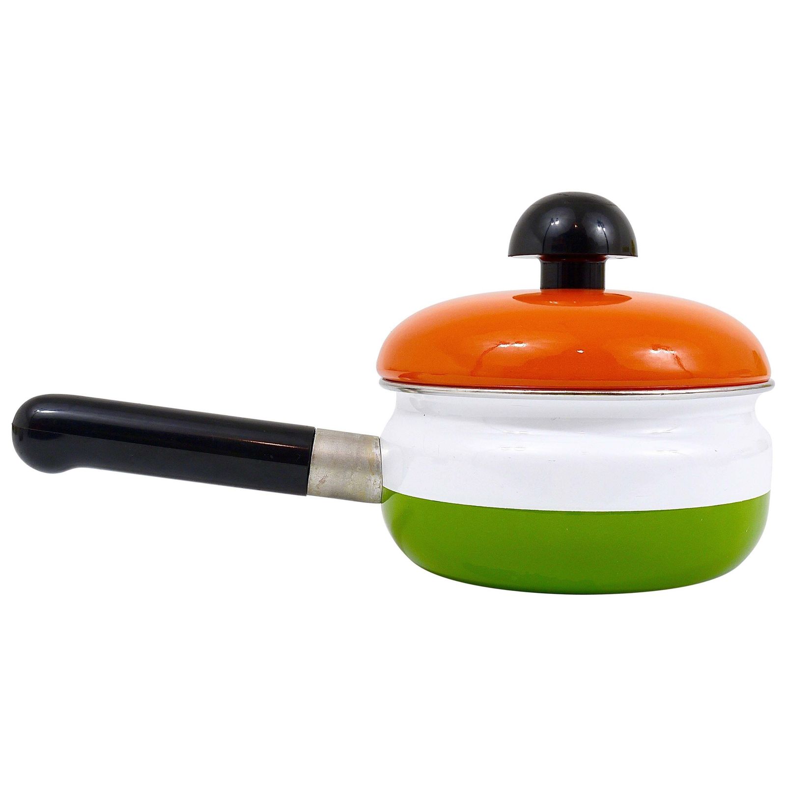 Carl Aubock Enameled Pot With Lid By Riess, Orange, White, Green, Austria, 1970s