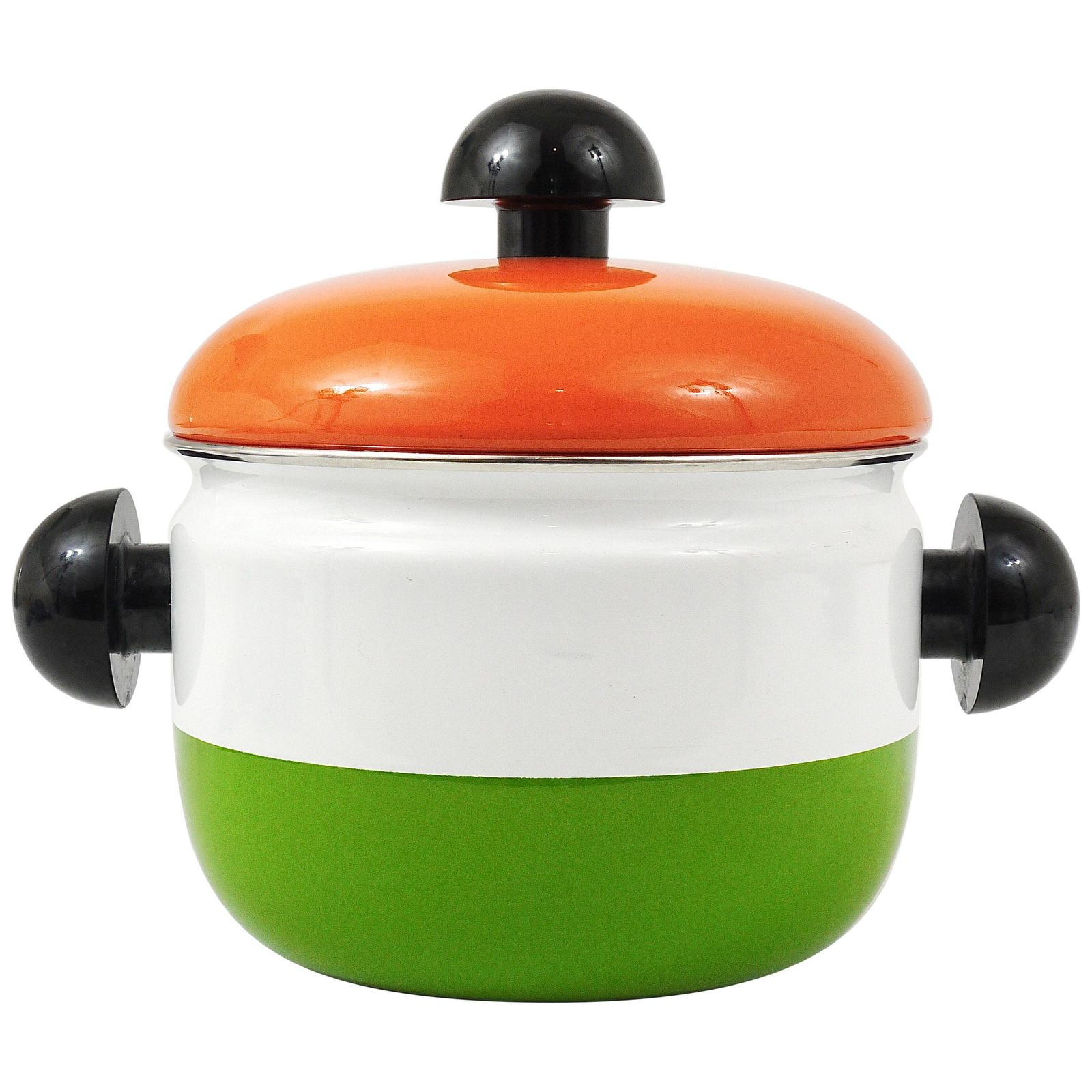 Carl Aubock Enameled Pot With Lid By Riess, Orange, White, Green, Austria, 1970s