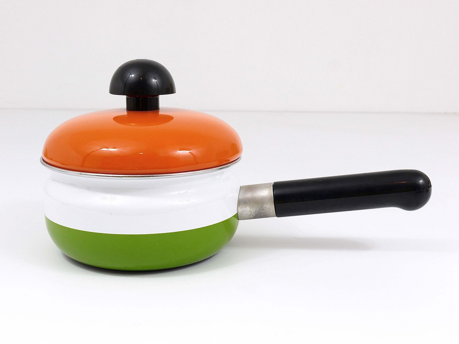 Carl Aubock Enameled Pot With Lid By Riess, Orange, White, Green, Austria, 1970s photo vinterior