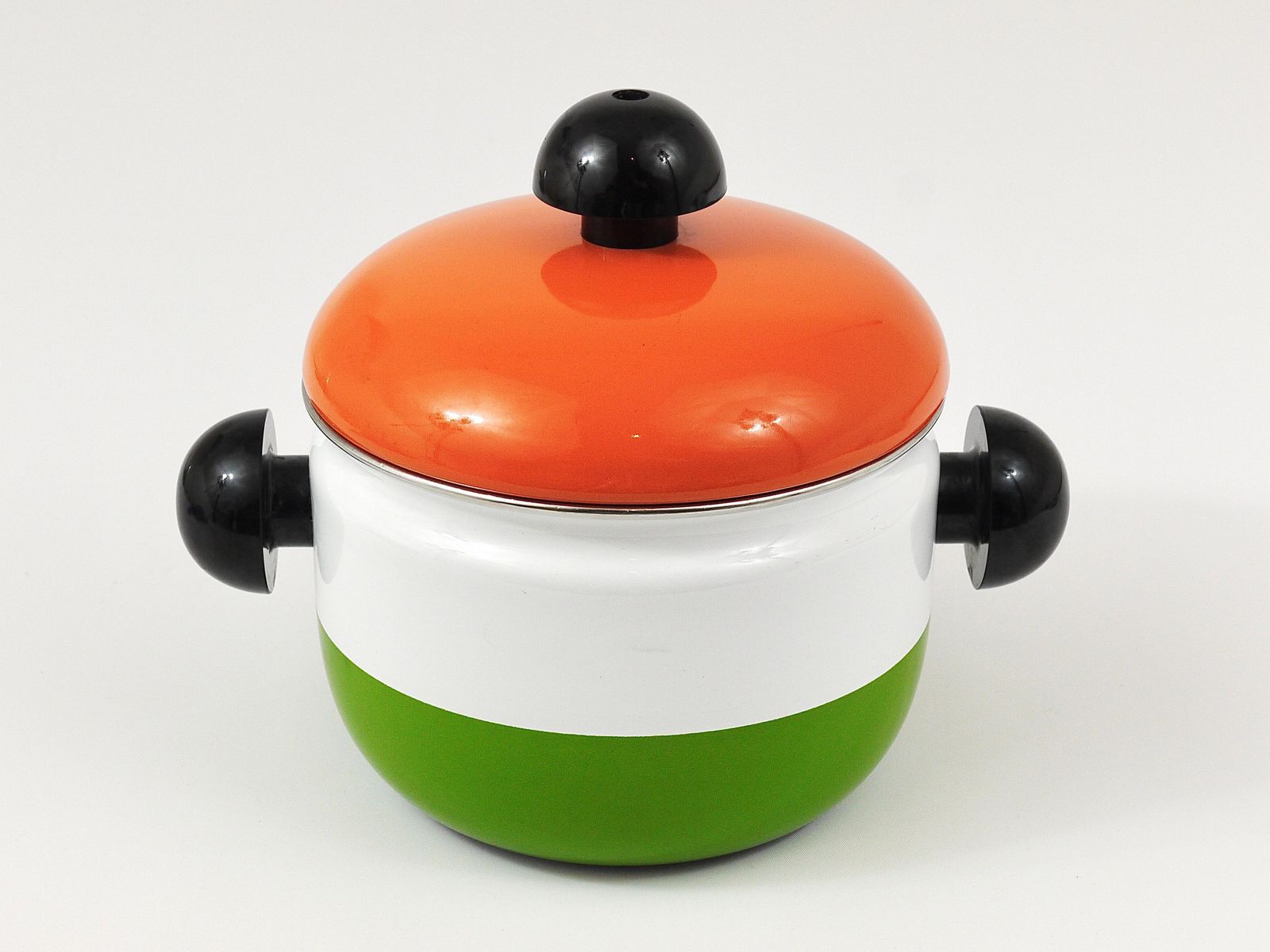 Carl Aubock Enameled Pot With Lid By Riess, Orange, White, Green, Austria, 1970s photo vinterior
