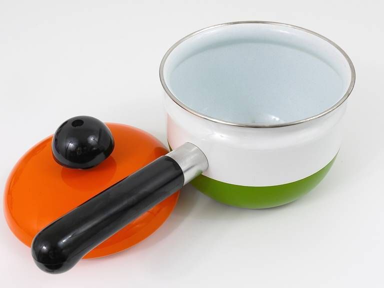 Carl Aubock Enameled Pot With Lid By Riess, Orange, White, Green, Austria, 1970s photo Home Decor