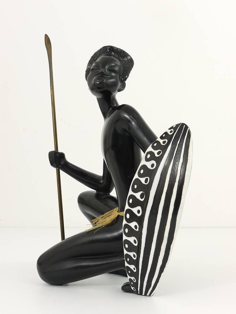 Huge African Watusi Warrior Sculpture By Leopold Anzengruber, Vienna 1950s photo vintage