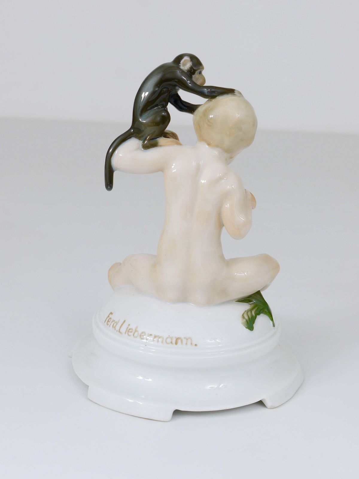 photo furniture 1910s Rosenthal Putto & Monkey Porcelain Sculpture By Ferdinand Liebermann