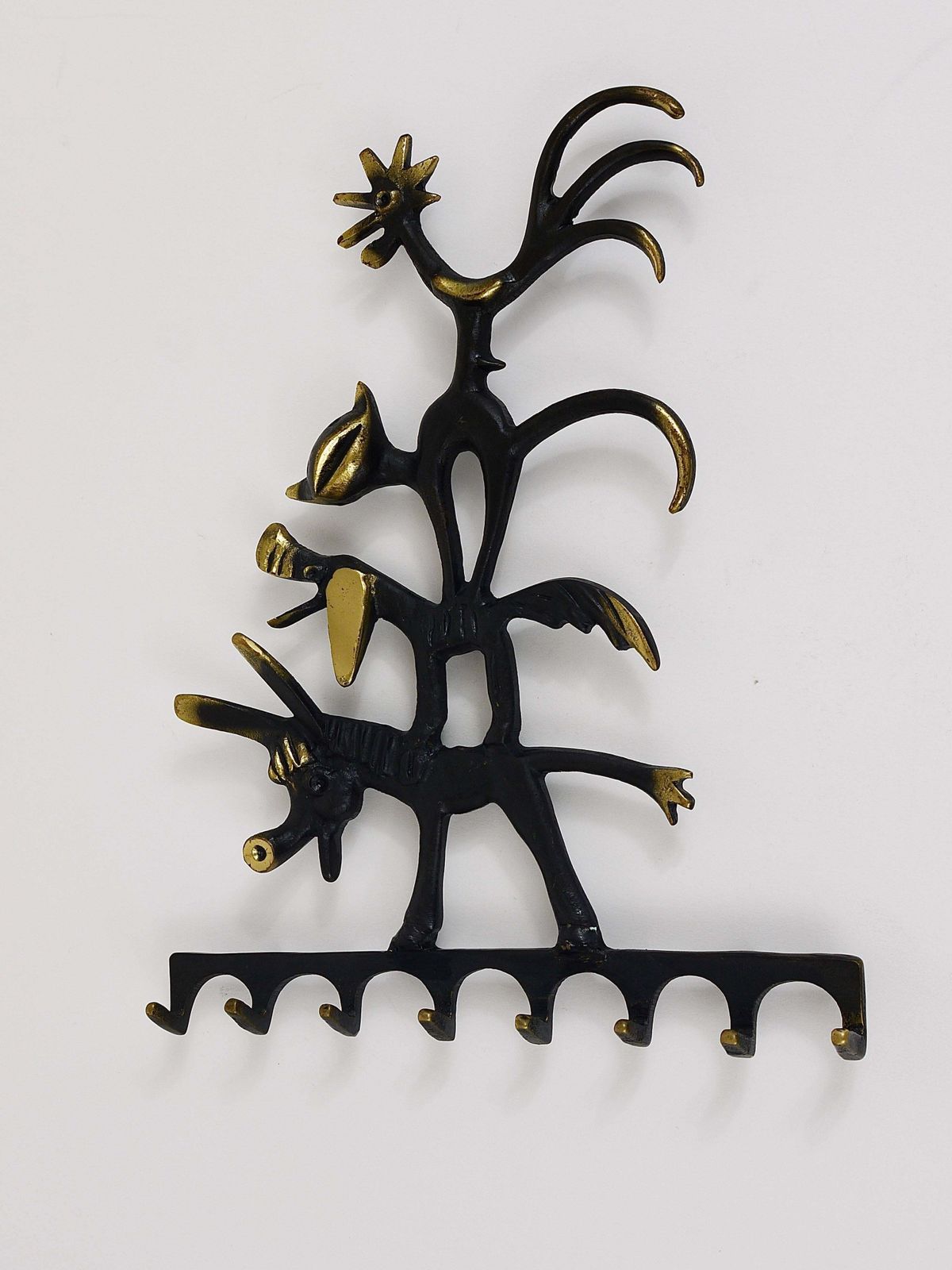 Walter Bosse Brass Key Hanger Donkey, Dog, Cat And Cock, Herta Baller, Austria photo vinterior