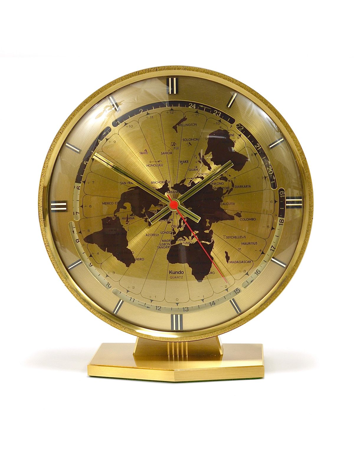 Large Kundo Gmt World Time Zone Brass Table Clock, Kieninger & Obergfell, 1960s photo vintage