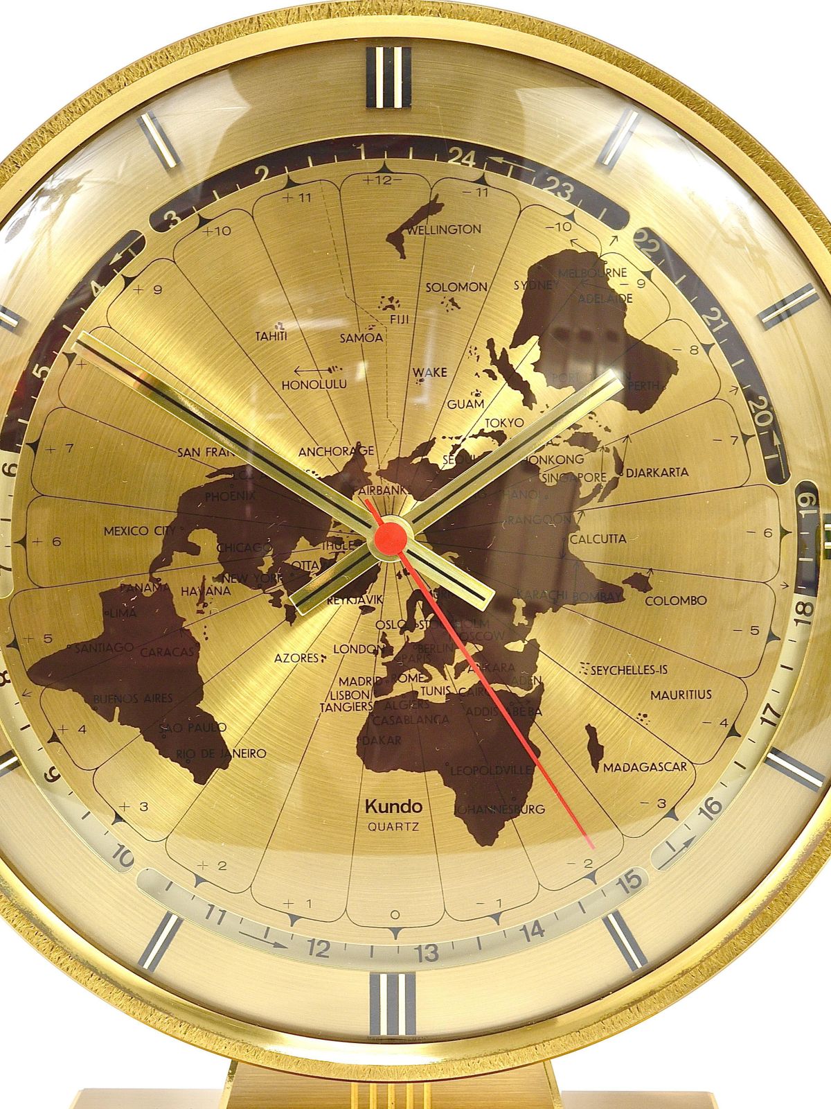 photo for sale Large Kundo Gmt World Time Zone Brass Table Clock, Kieninger & Obergfell, 1960s