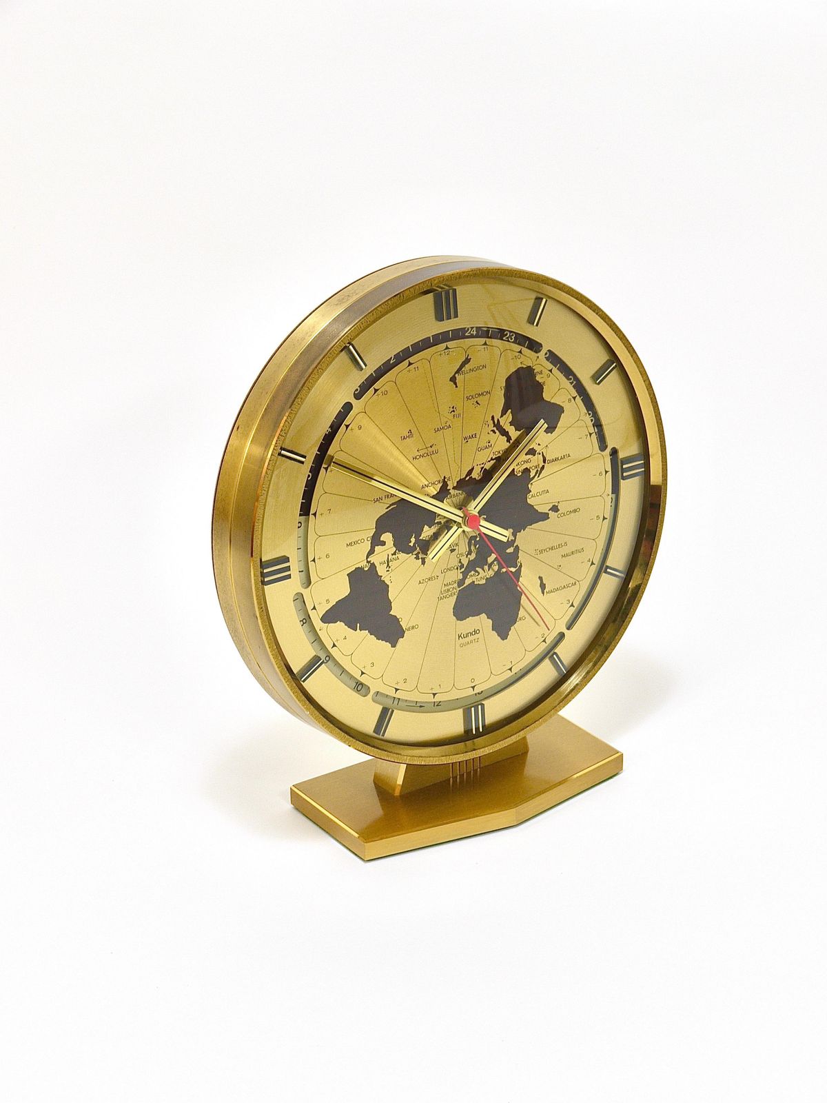 photo vinterior Large Kundo Gmt World Time Zone Brass Table Clock, Kieninger & Obergfell, 1960s