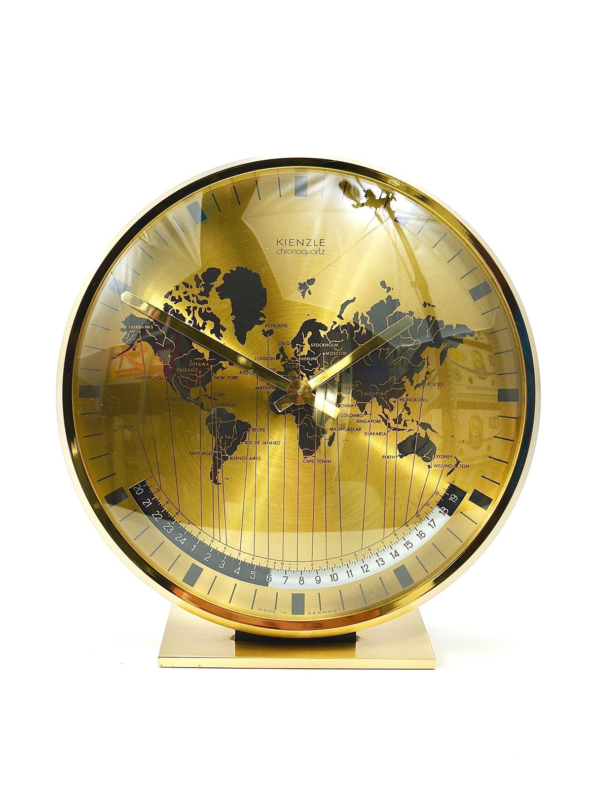 Kienzle Gmt World Time Zone Brass Table Clock, Midcentury, Germany, 1960s photo buy