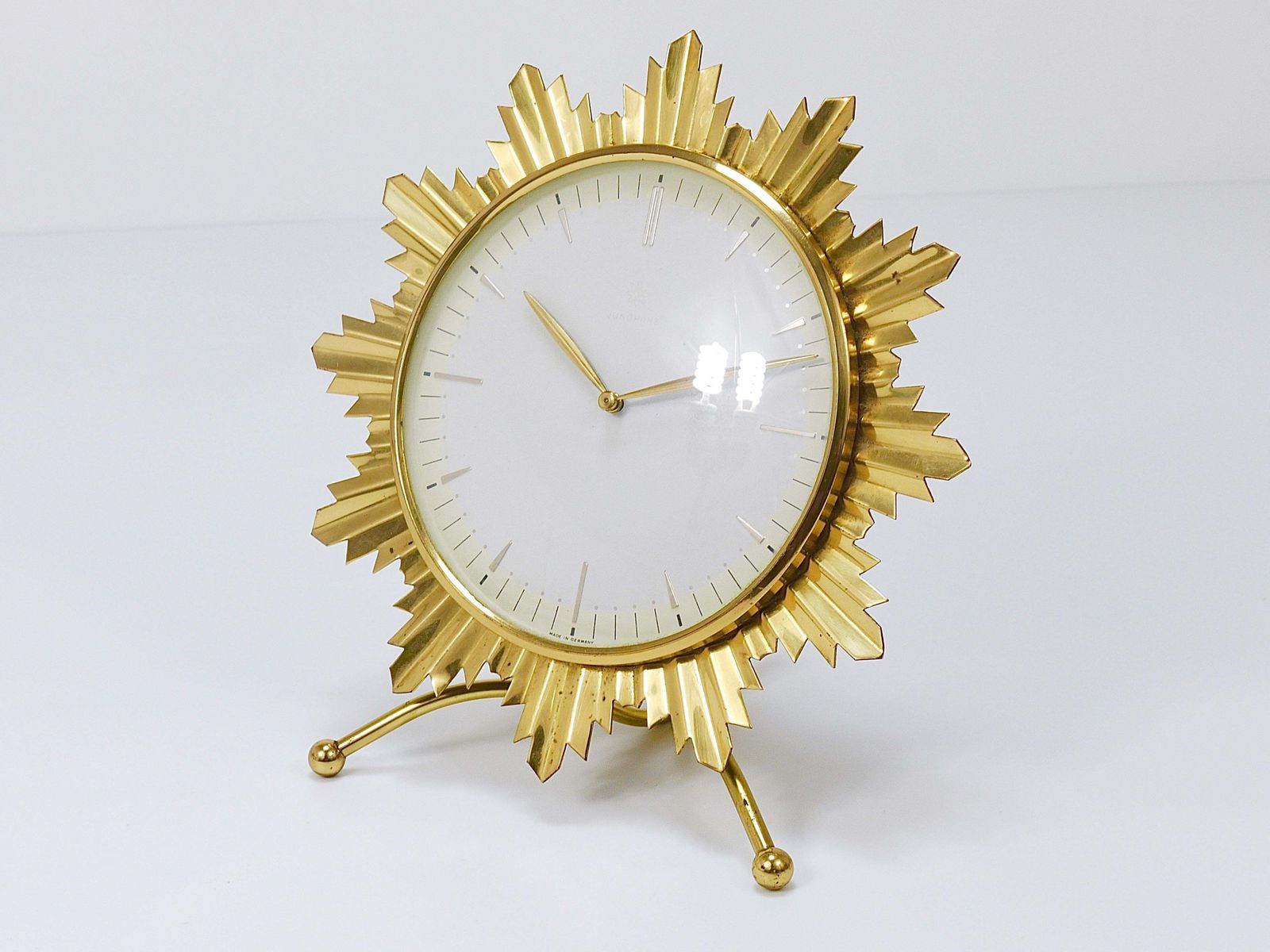 Junghans Mid Century Golden Sunburst Brass Table Desk Clock, Germany, 1950s photo 395.0