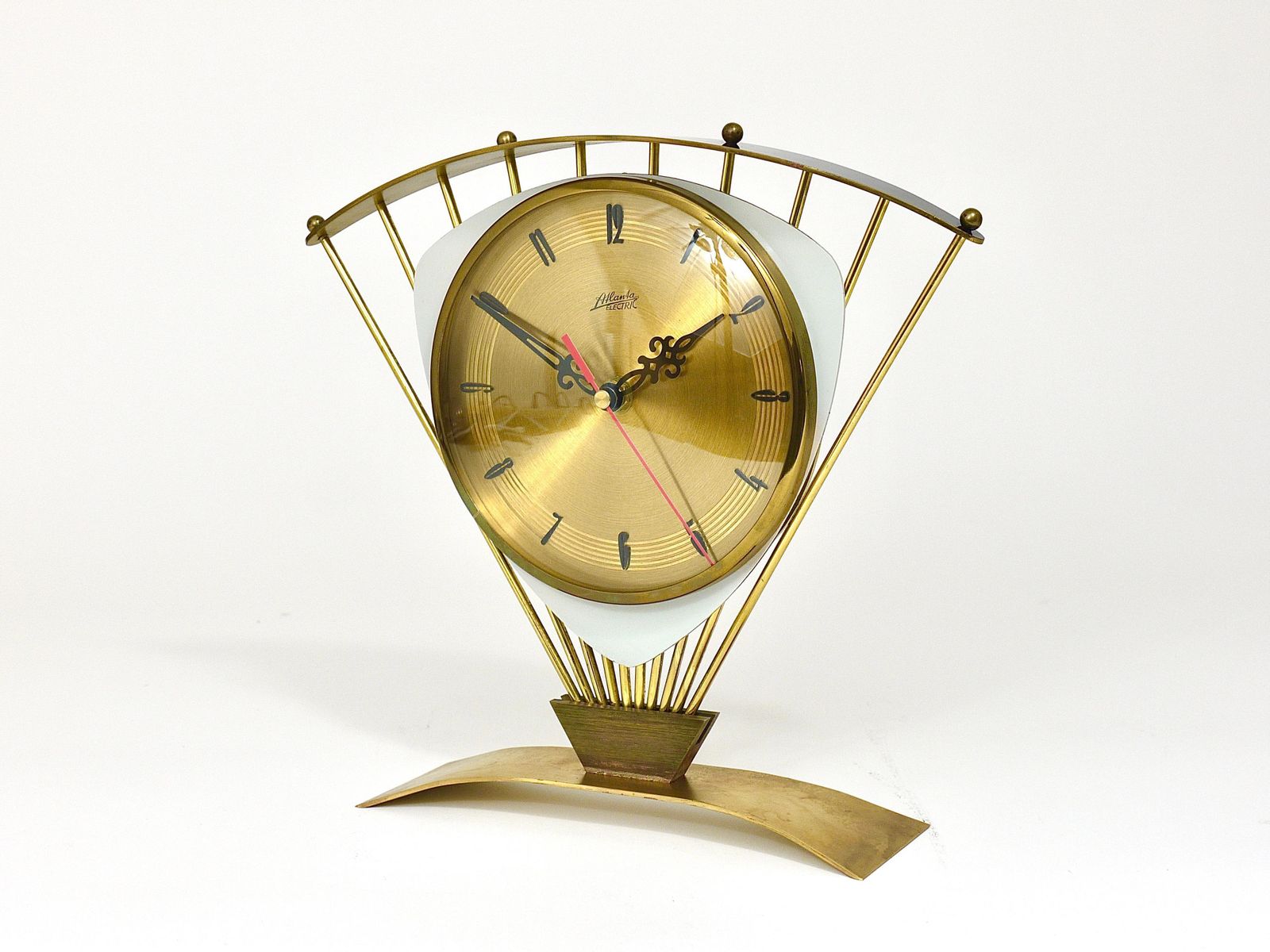Atlanta Midcentury Atomic Age Sunburst Brass Table Desk Clock, Western Germany photo for sale