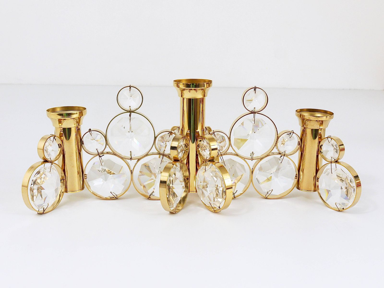 5x Palwa Gaetano Sciolari Style Brass & Crystal Candle Holder Candlestick, 1970s photo buy