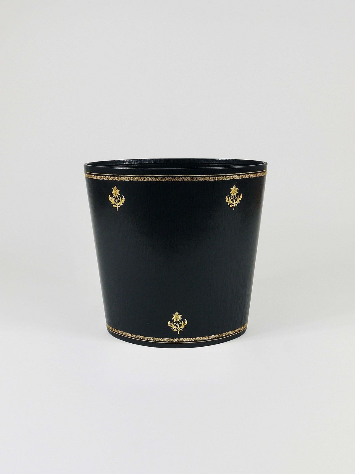 Morabito Paris Black & Gold Leather Wastepaper Basket Bin, France, 1970s photo Home Decor