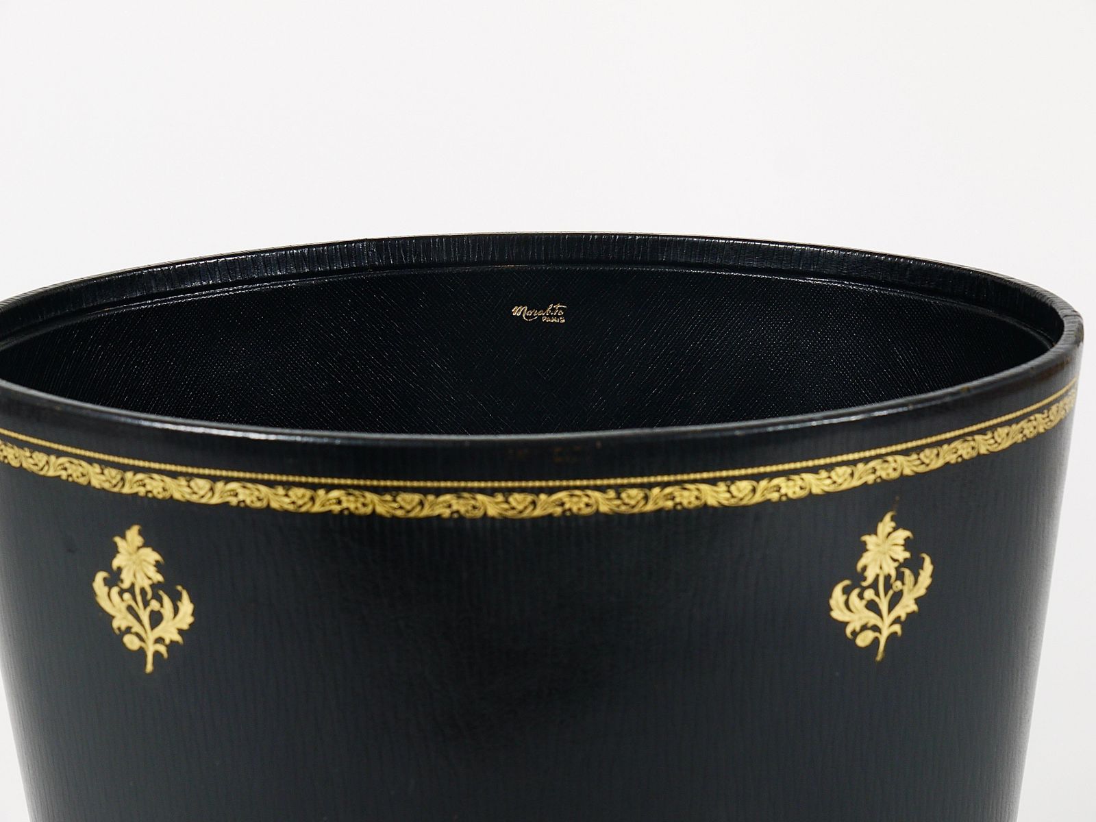 photo furniture Morabito Paris Black & Gold Leather Wastepaper Basket Bin, France, 1970s