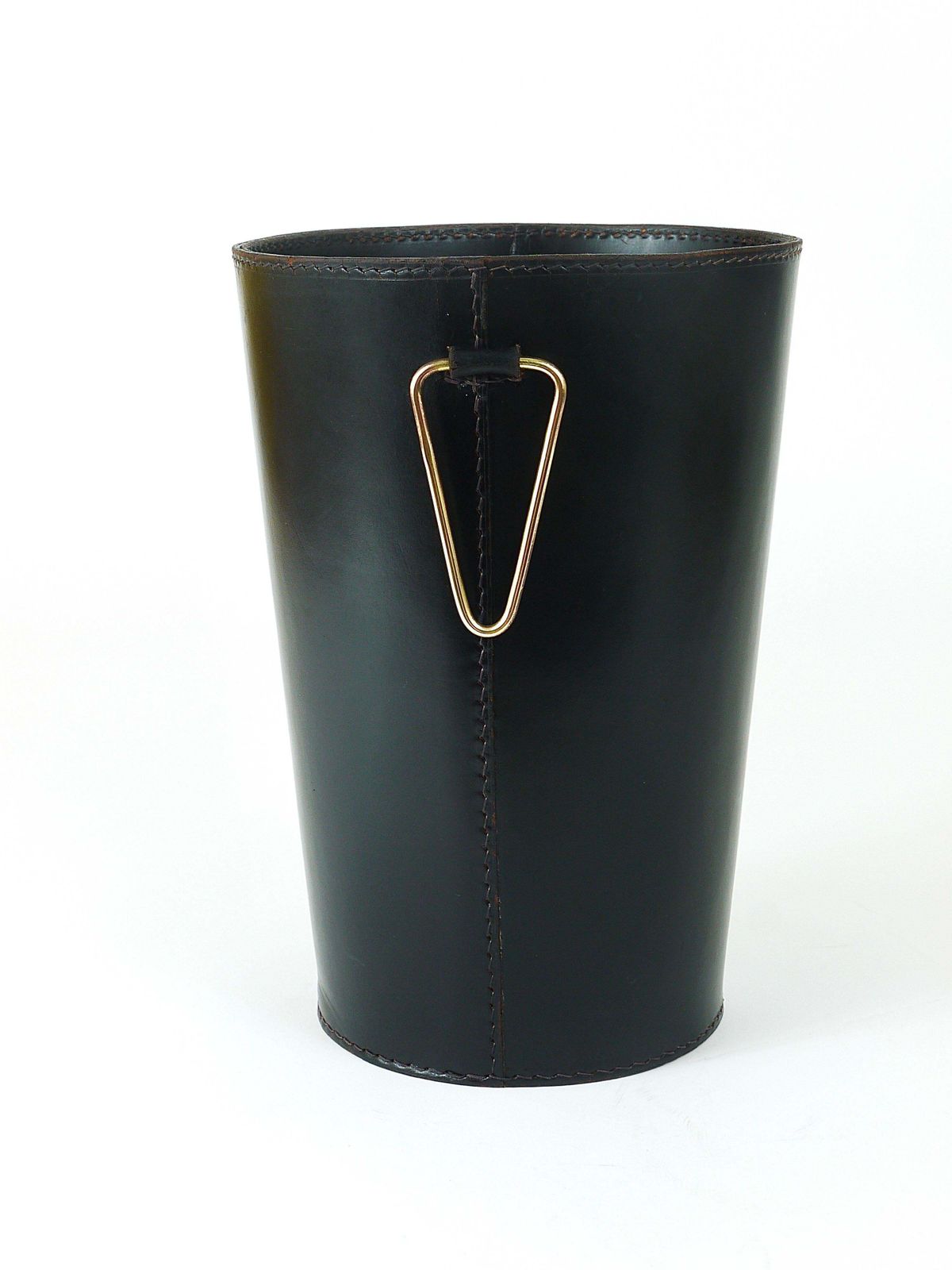 Mid Century Carl Auböck Black Leather & Brass Wastepaper Basket, Austria, 1950s photo furniture