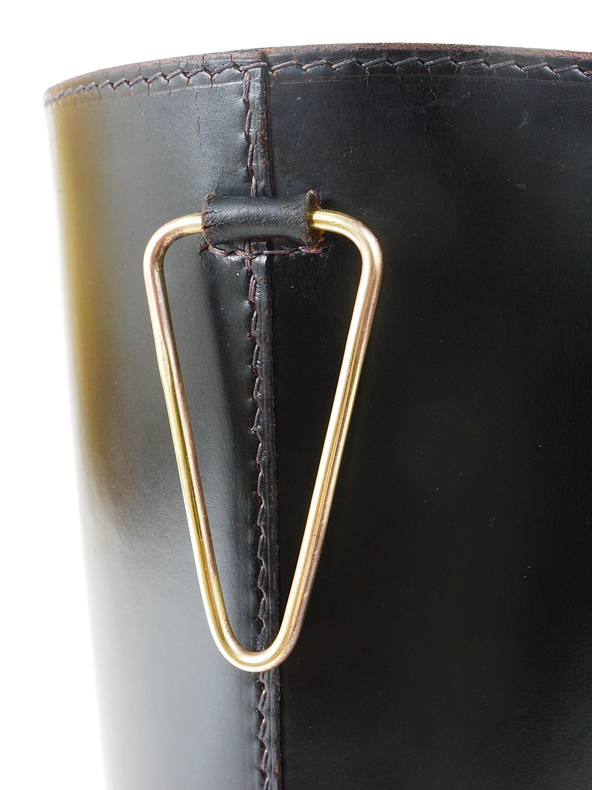 Mid Century Carl Auböck Black Leather & Brass Wastepaper Basket, Austria, 1950s photo vintage