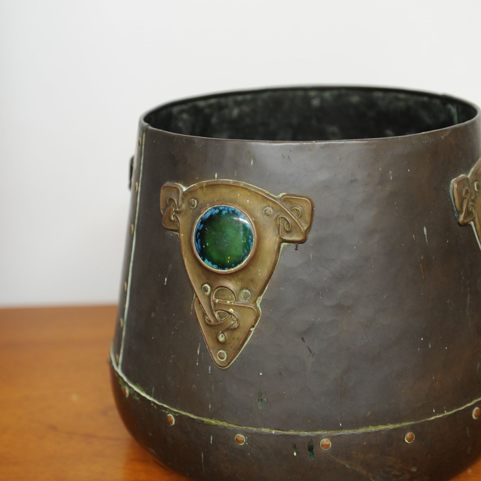 Art Nouveau Metal Cylindrical Plant Pot With Ornate Details And Enamel Embellishments, 1910 photo 995.0