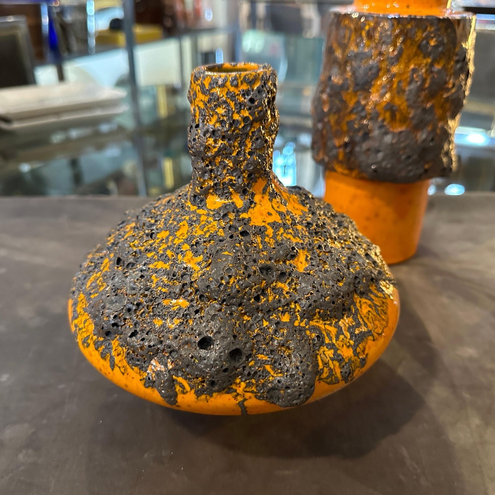 Three 1980s Modernist Orange And Black  Fat Lava Ceramic German Vases photo for sale
