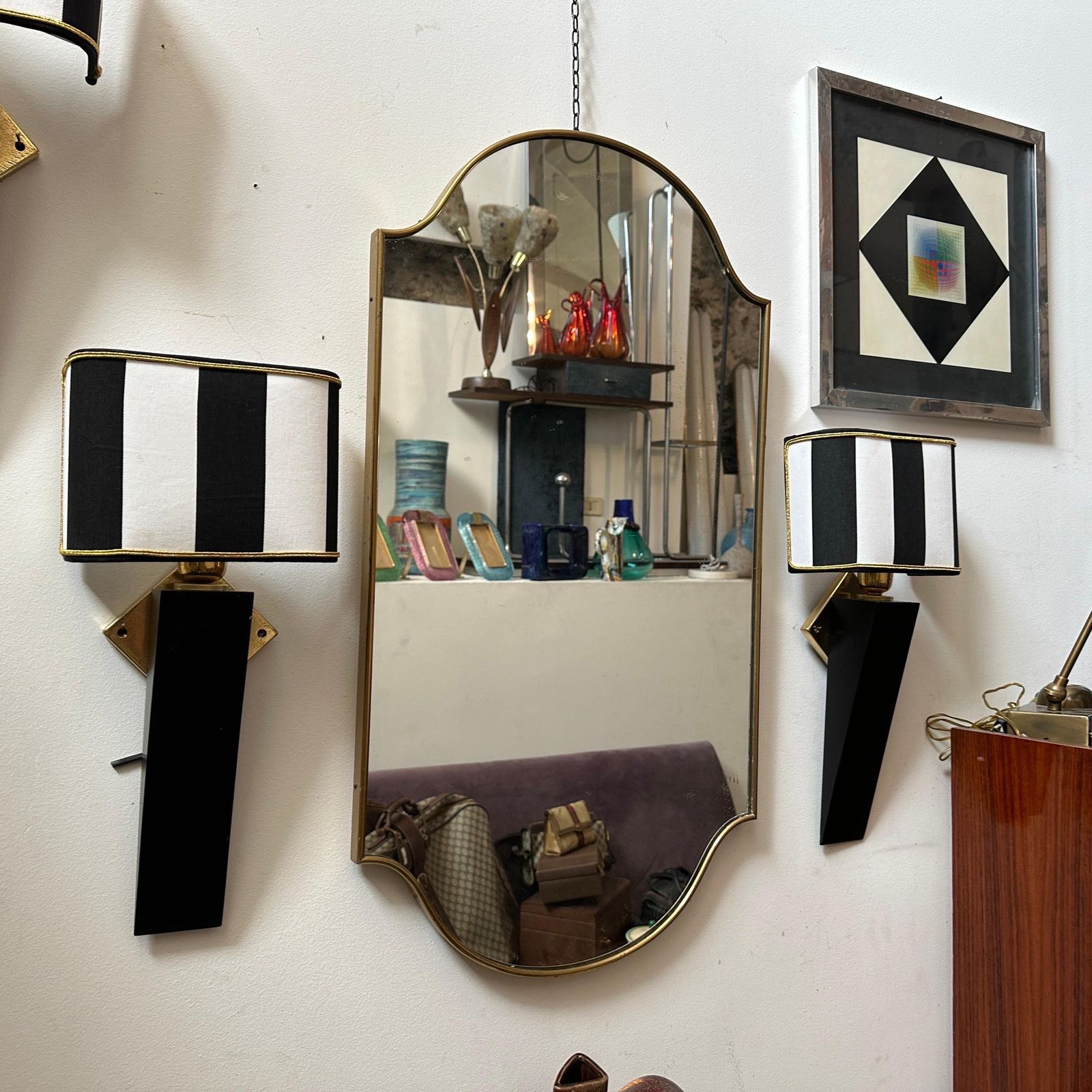 An Elegant 1980s Art Deco Style Black Painted Wood And Brass Italian Wall Sconce photo Lighting
