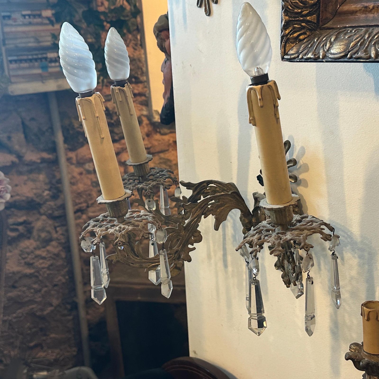 photo for sale A Pair Of Art Nouveau Gilded Iron And Cristal Sicilian Wall Sconces