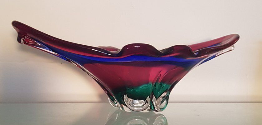 Murano Glass Bowl In Green Red And Blue Attributed To Fulvio Bianconi For Mazzega, 1950s photo for sale