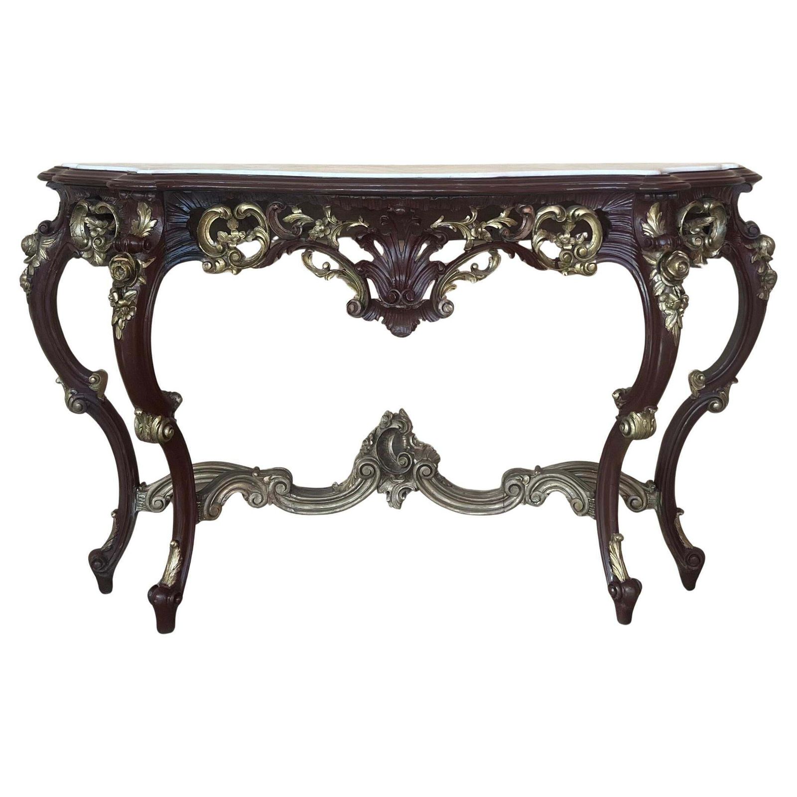 Large French Regency Carved Walnut Console Table With Gilted Details And Marble
