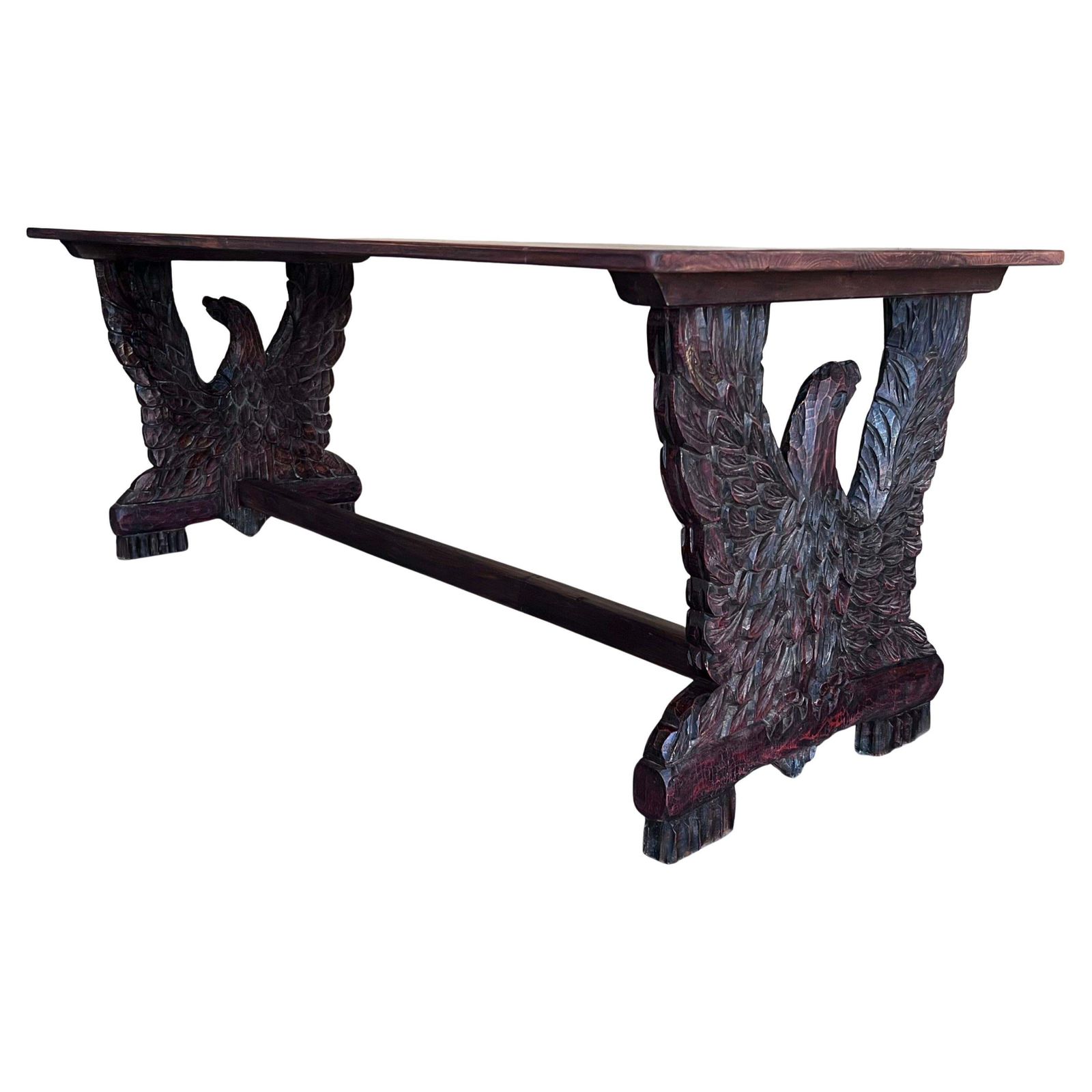 Table à manger ou table centrale, piédestal en noyer sculpté à aigles, début du XXe siècle