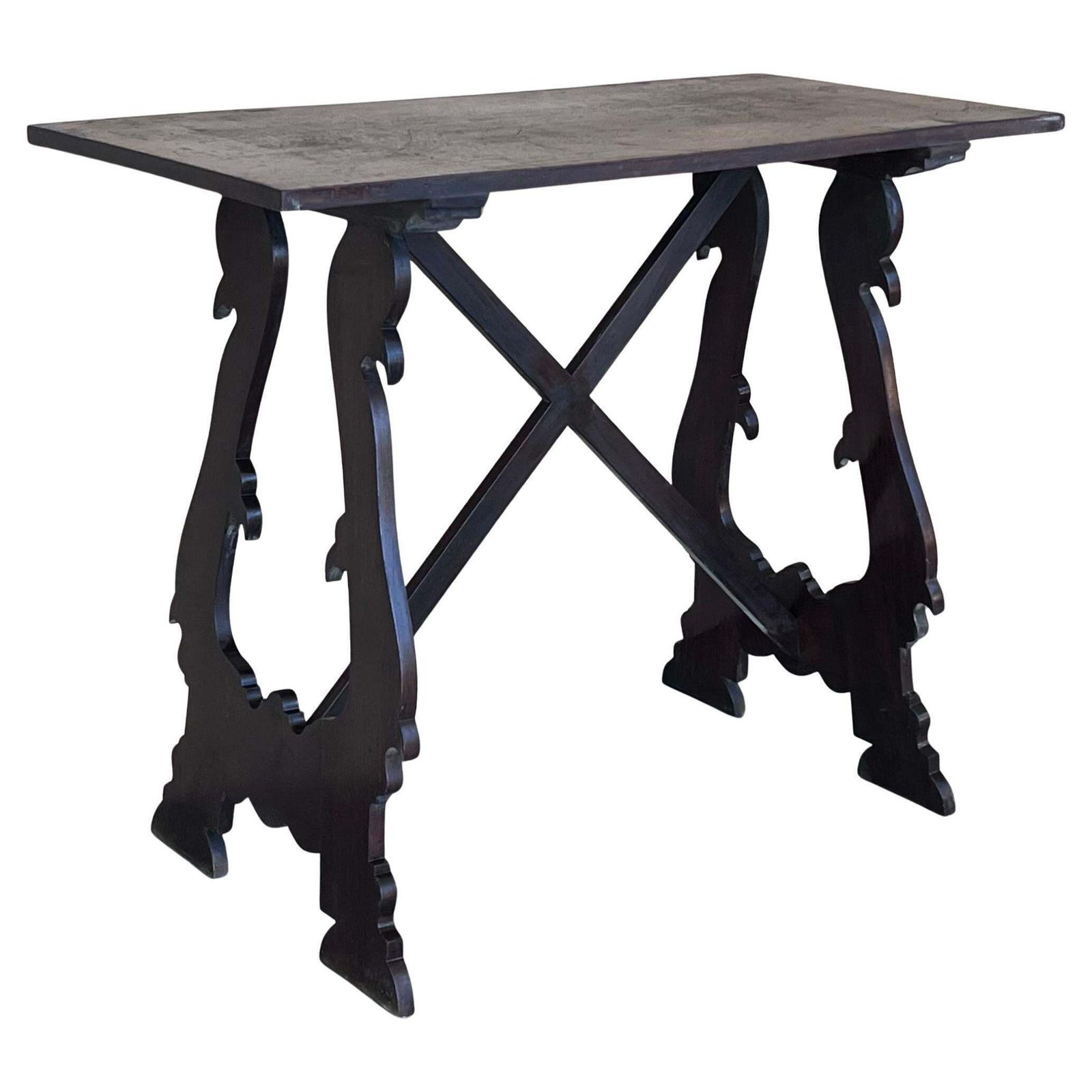Table d'appoint baroque espagnole ébonisée, pieds en lyre, XIXe siècle