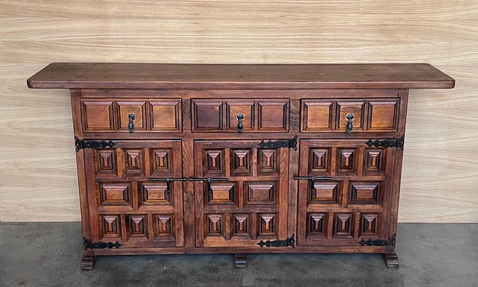 19th Spanish Baroque Carved Walnut Tuscan Three Drawers Credenza Or Buffet photo furniture