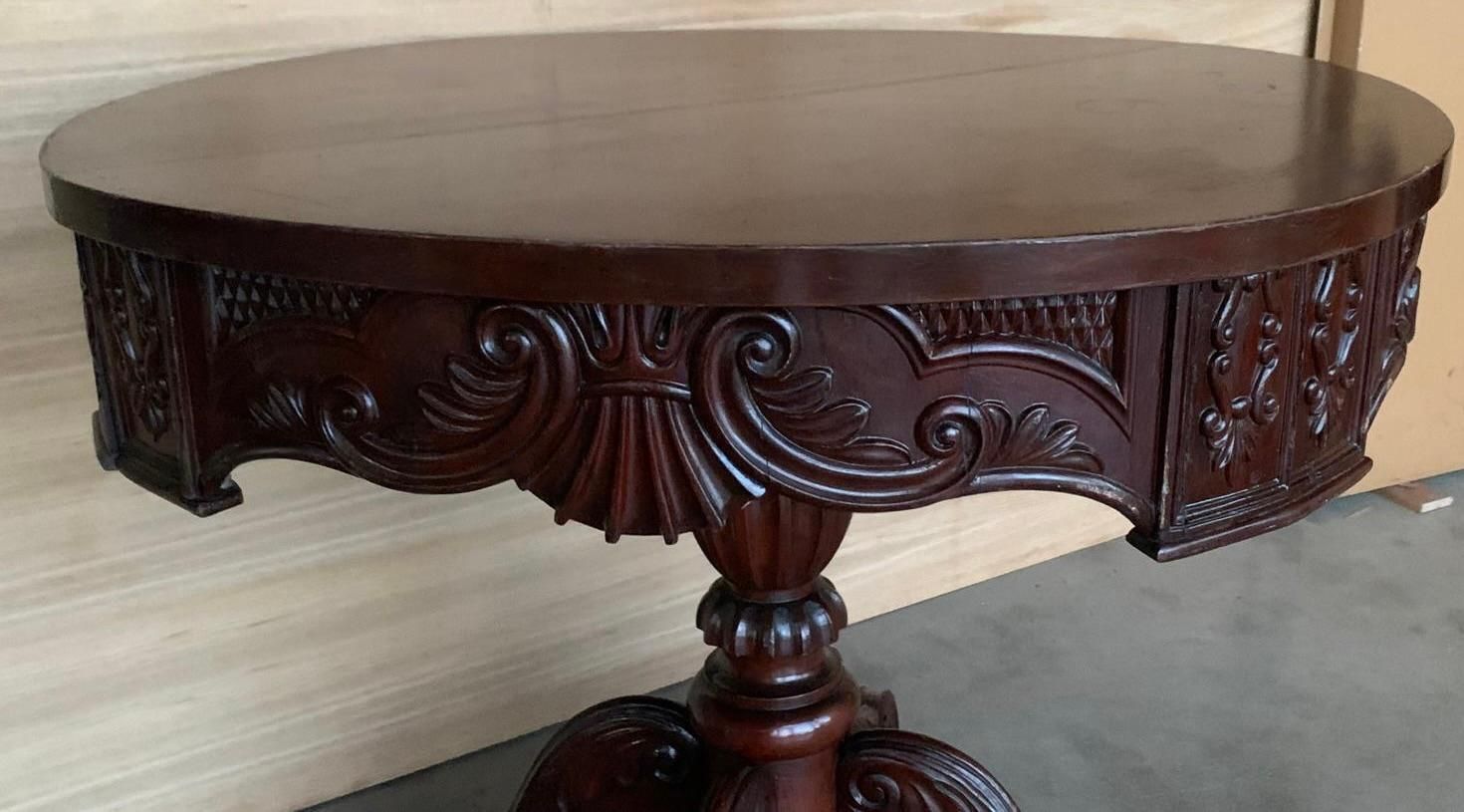 French Victorian Mahogany Carved Round Center Pedestal Table photo 3036.0