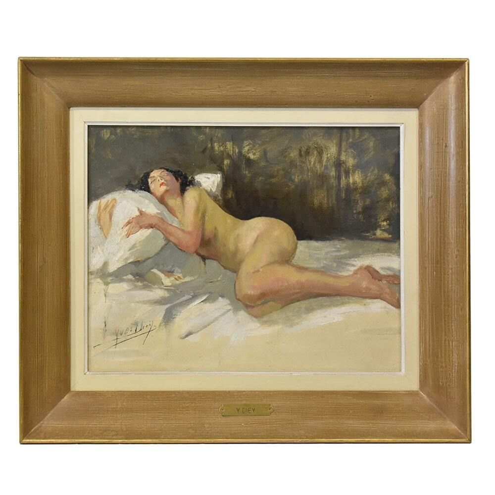 Nude Woman Lying Painting, Art Déco, Naked Woman, XX Century. (Qn607)