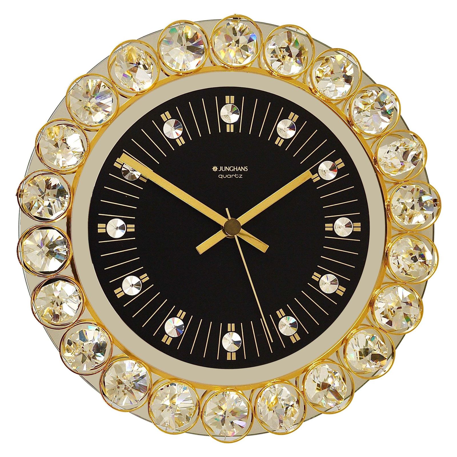 Golden Junghans Hollywood Regency Gilt And Crystals Wall Clock, Germany, 1970s