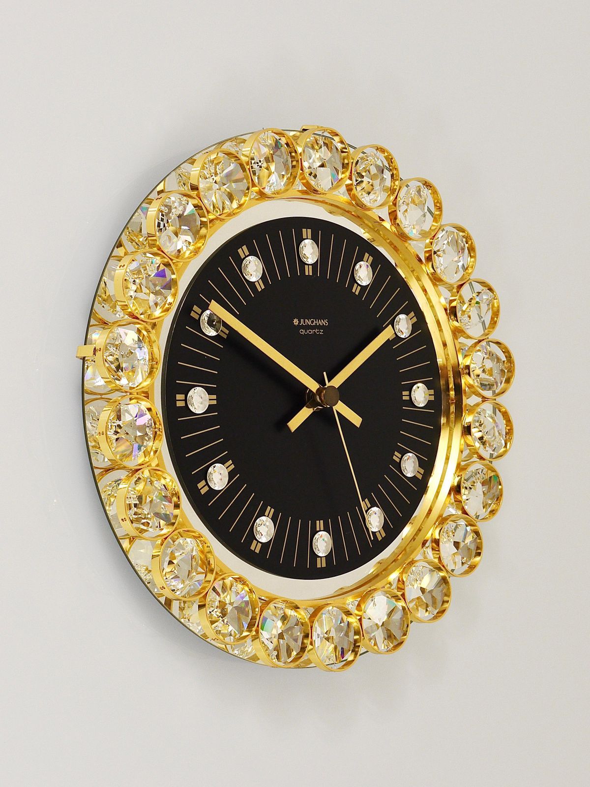 Golden Junghans Hollywood Regency Gilt And Crystals Wall Clock, Germany, 1970s photo vinterior